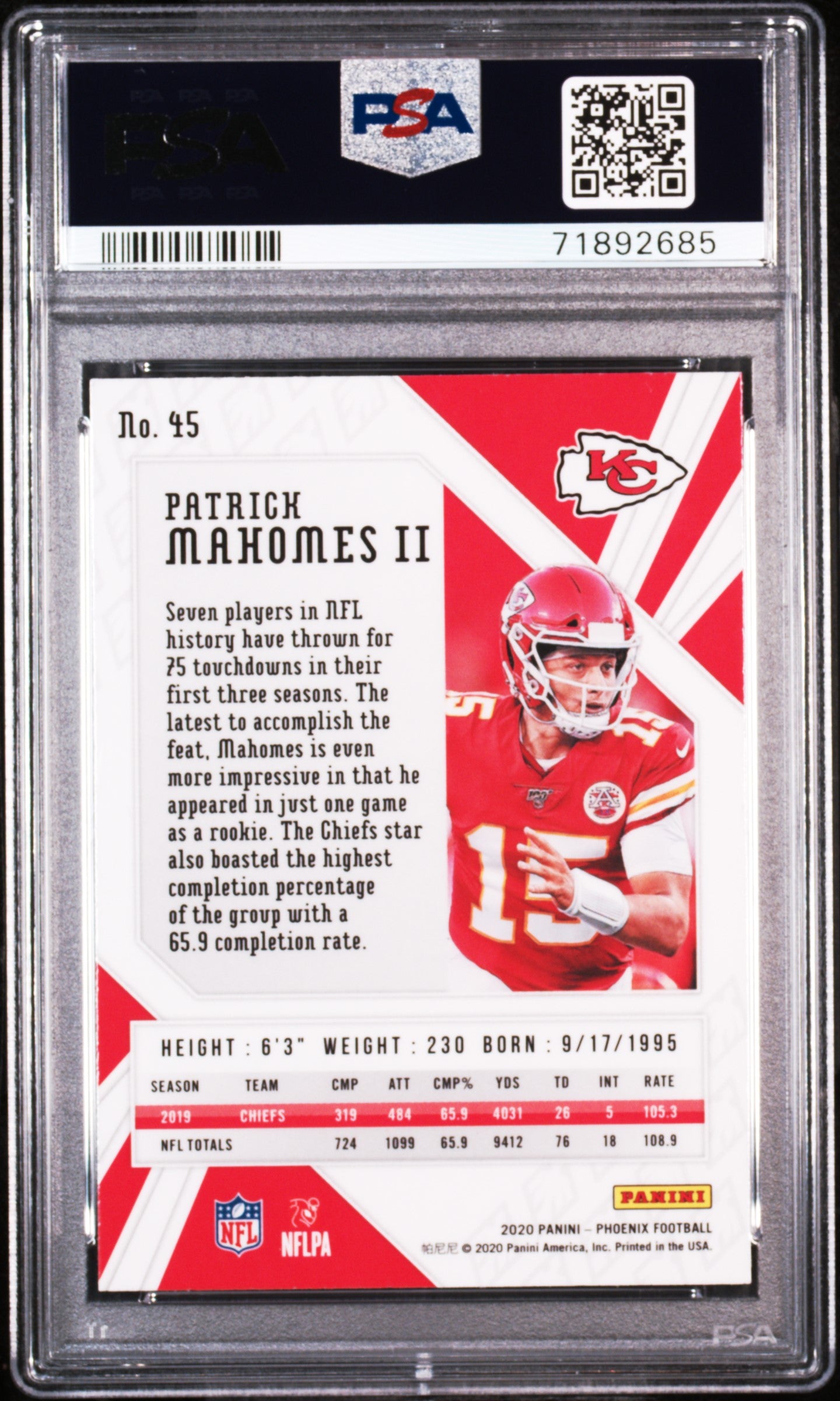 2020 Panini Phoenix Patrick Mahomes II Fire Burst #45 PSA 9