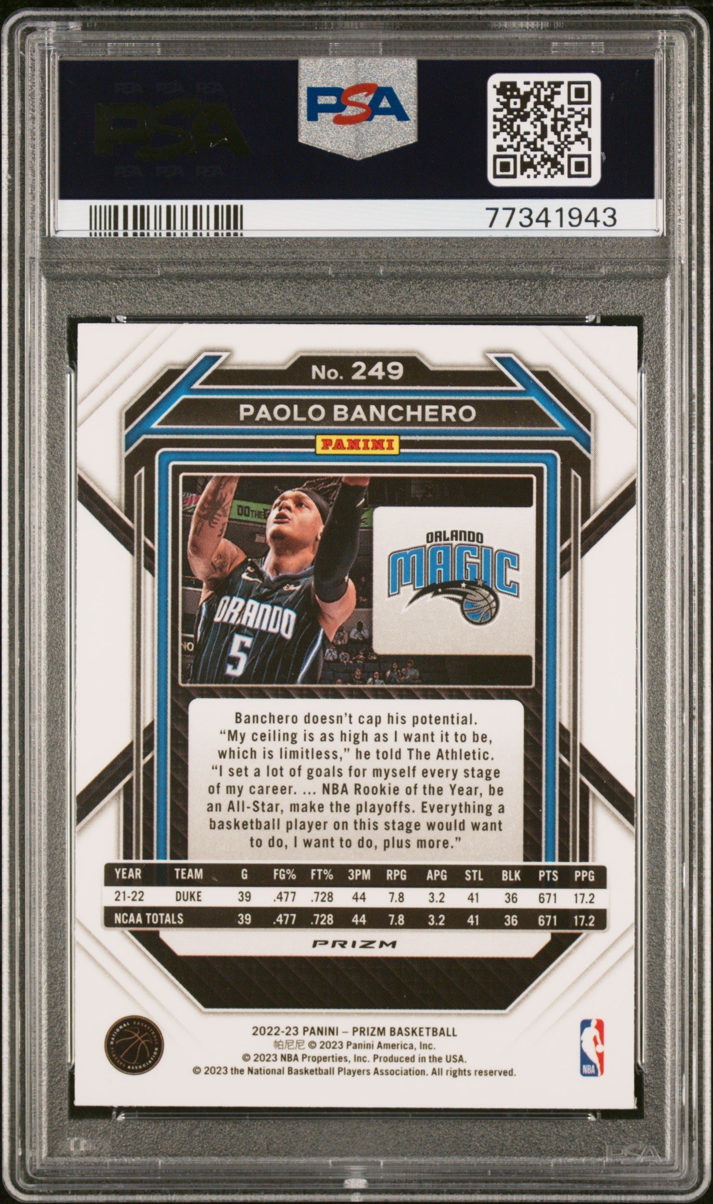 2022 Panini Prizm Paolo Banchero Silver #249 RC PSA 9