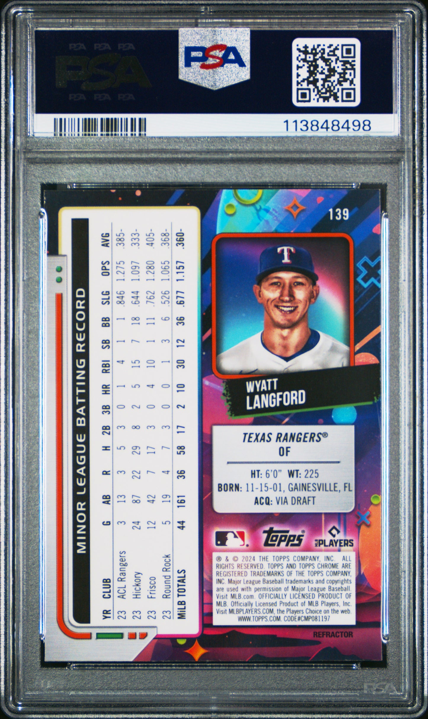 2024 Topps Chrome Cosmic Wyatt Langford Refractor RC #139 PSA 9
