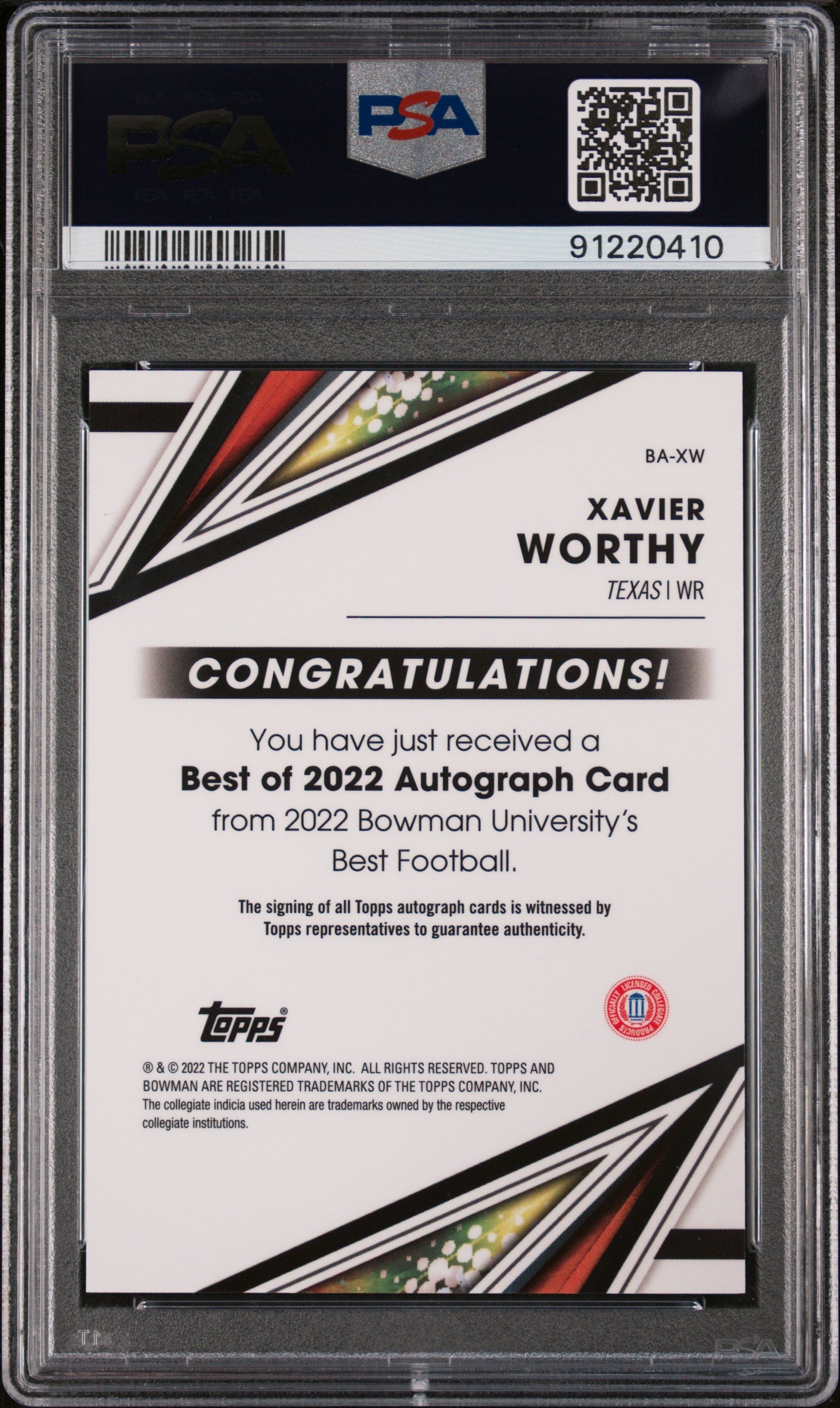2022 Bowman's Best U Xavier Worthy Best Of 2022 Autographs #BAXW PSA 10