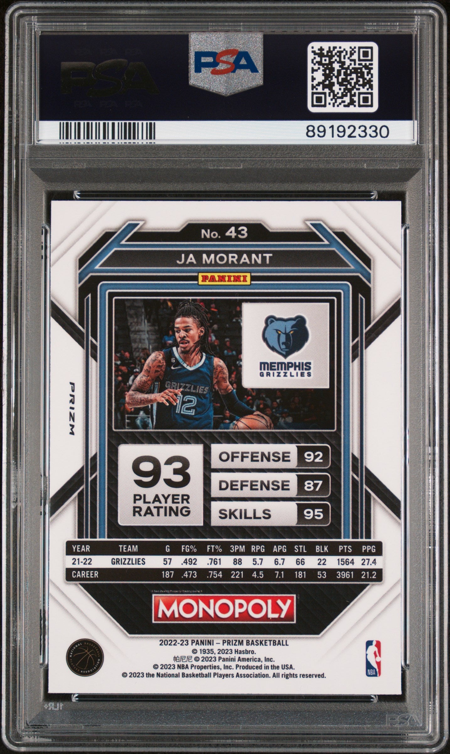 Ja Morant 2022 Panini Prizm Monopoly Free Parking #43 PSA 9