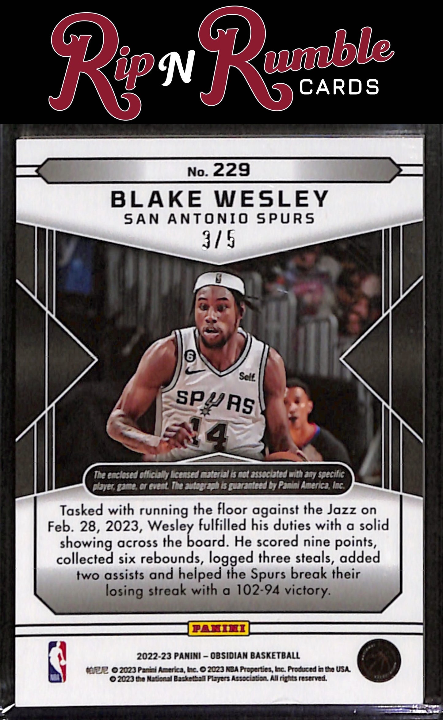 2022 Panini Obsidian Blake Wesley Electric Etch Red /5 #229