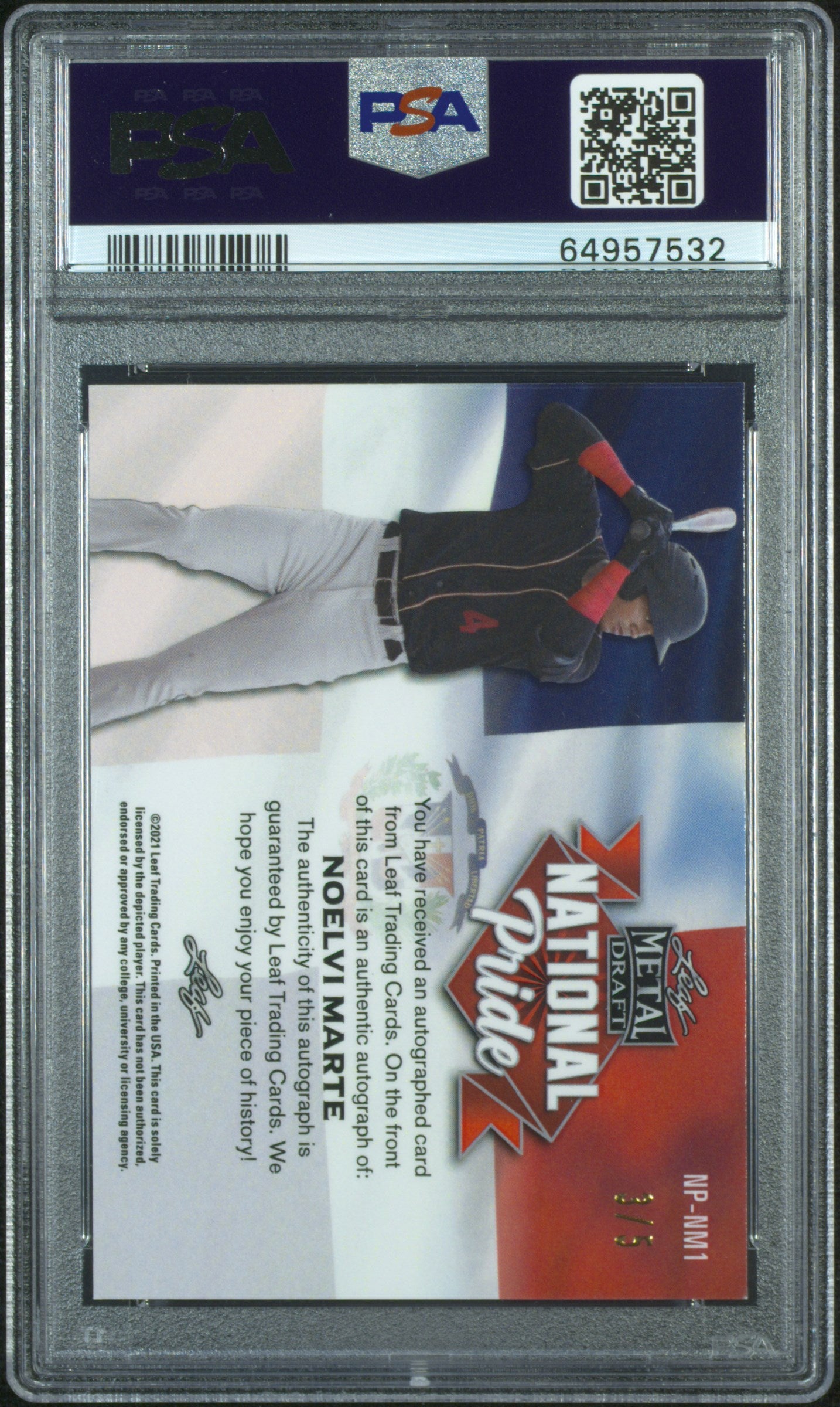 2021 Leaf Metal Draft National Pride Autographs Noelvi Marte RWB Wave /5 PSA 9