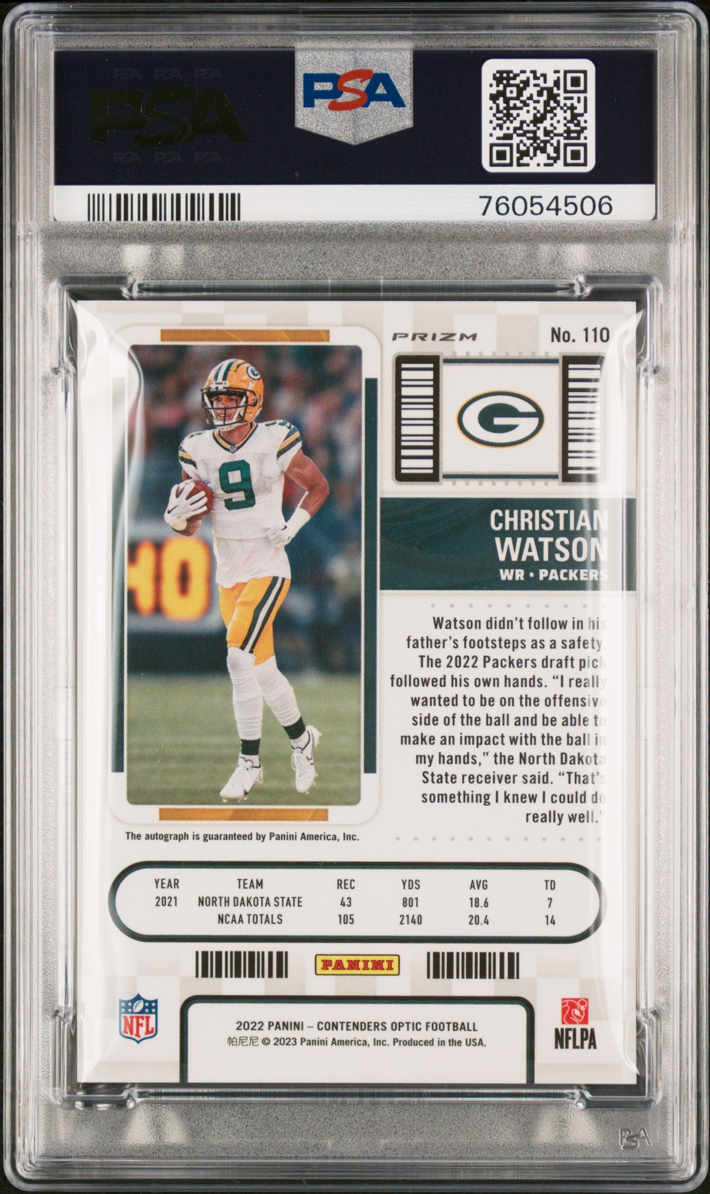 2022 Panini Contenders Optic Christian Watson Autograph Silver #110 PSA 9