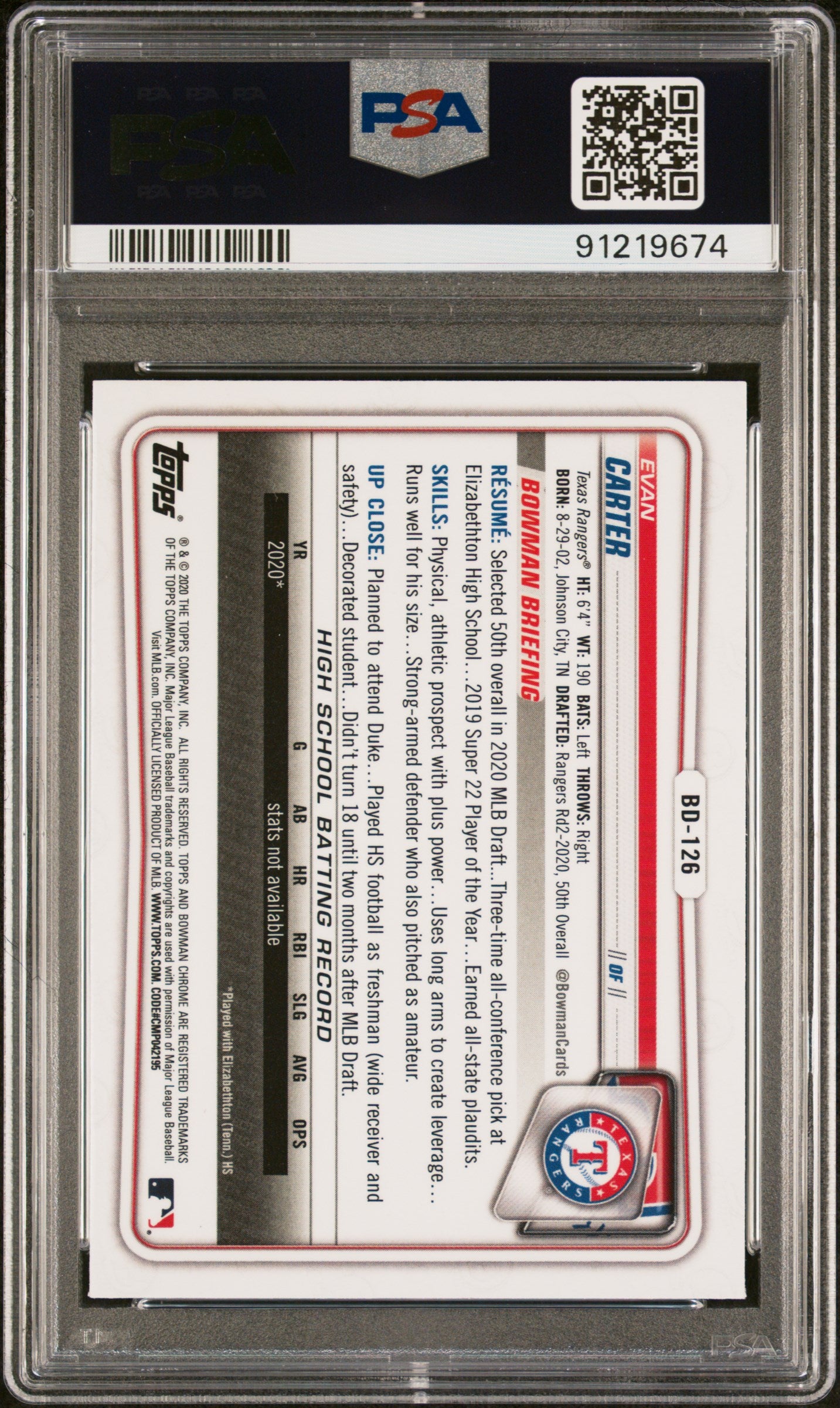 2020 Bowman Draft Evan Carter Chrome #BD126 PSA 9