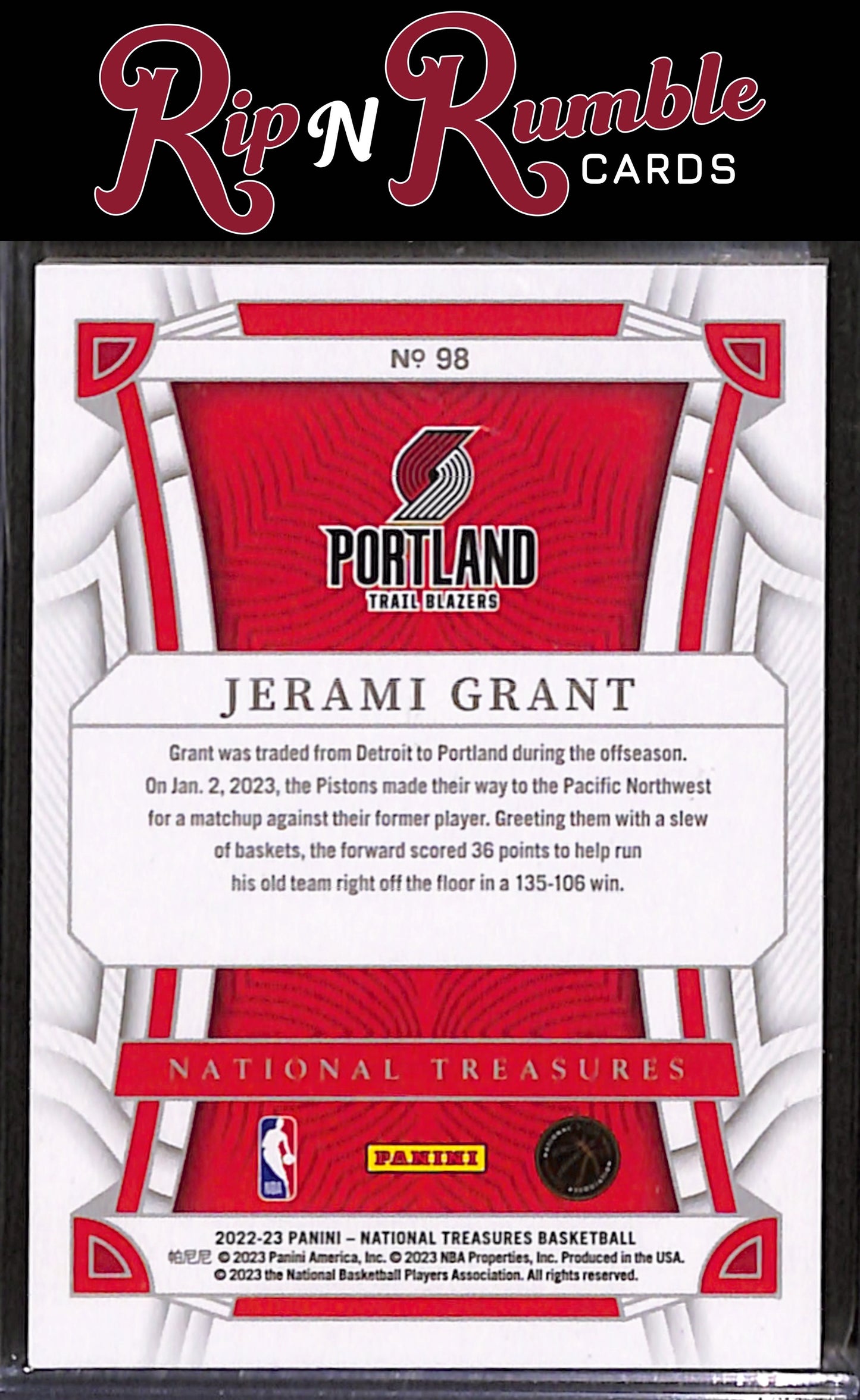 2022-23 National Treasures Jerami Grant Red /75 #98