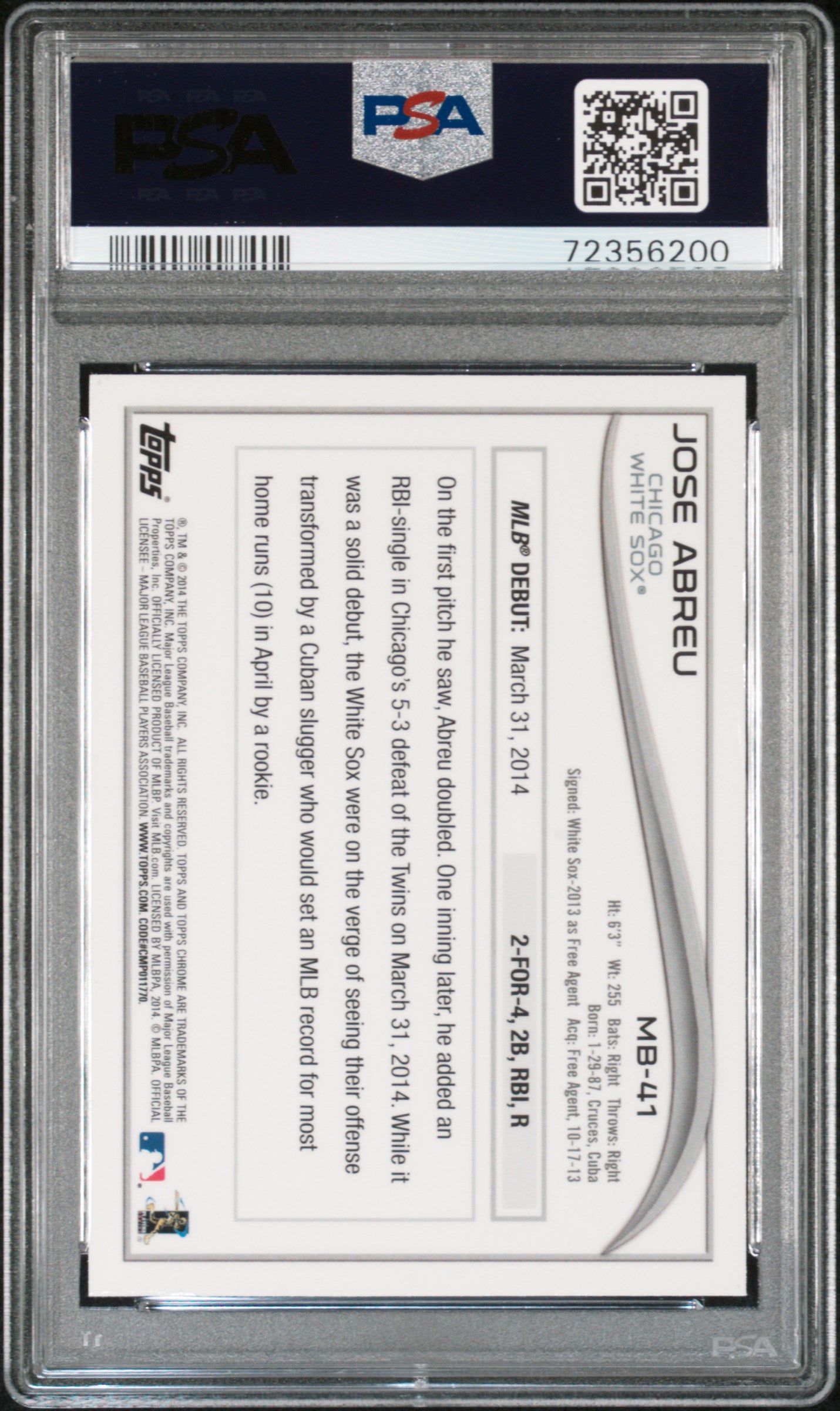 2014 Topps Chrome Update Jose Abreu Update #MB-41 PSA 9