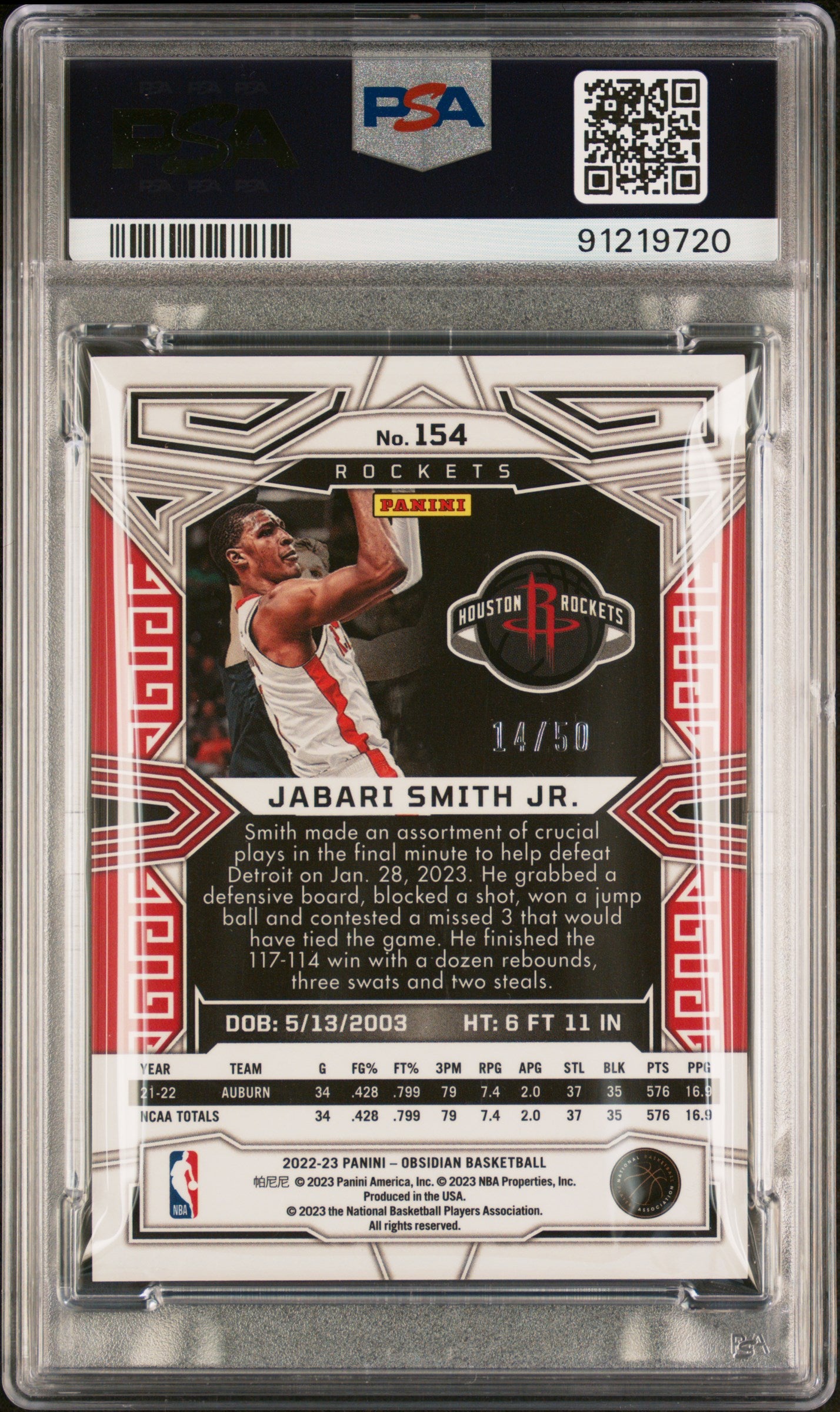 2022 Panini Obsidian Jabari Smith JR. Electric Etch Orange /50 #154 PSA 9