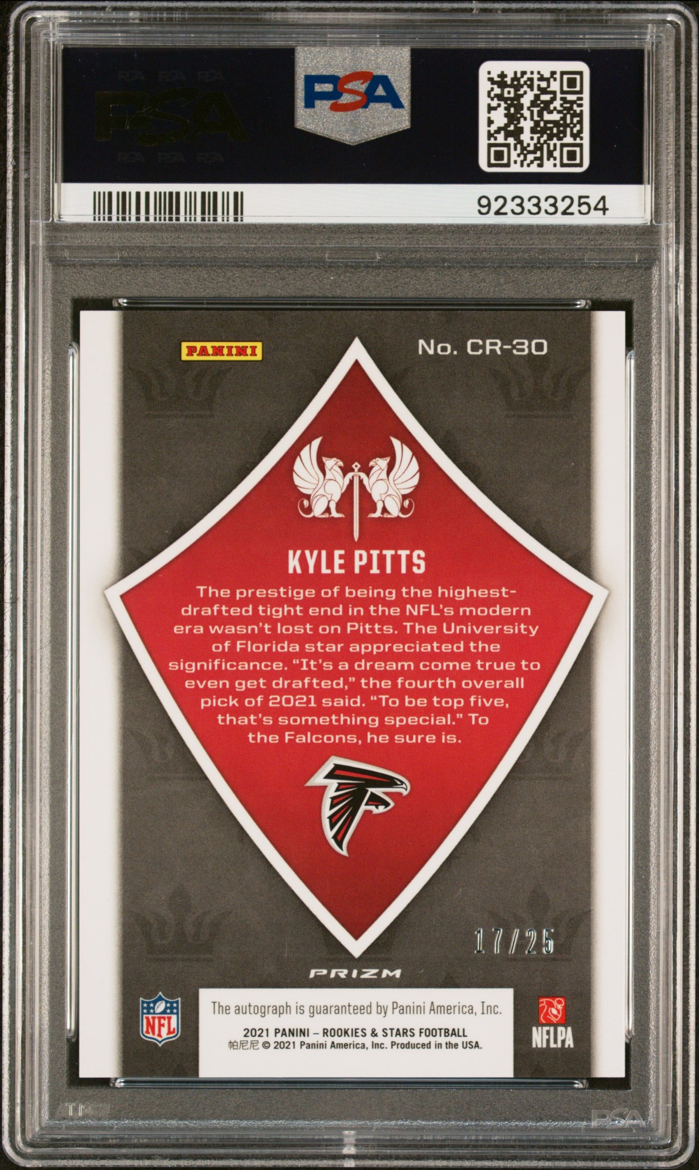 Kyle Pitts 2021 Panini Rookies & Stars Crusade Auto Longevity /25 PSA 9 RC