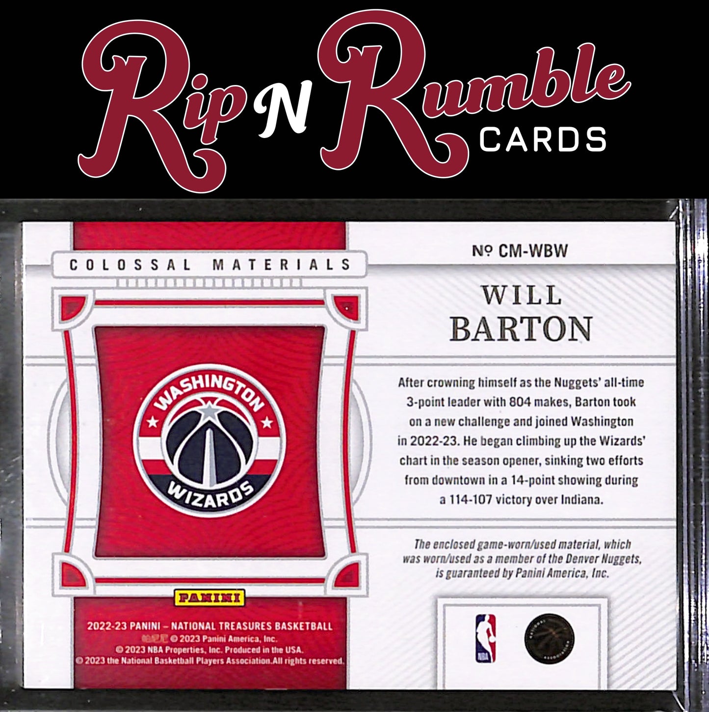 2022-23 Panini National Treasures Will Barton Colossal Materials /99 #CM-WBW