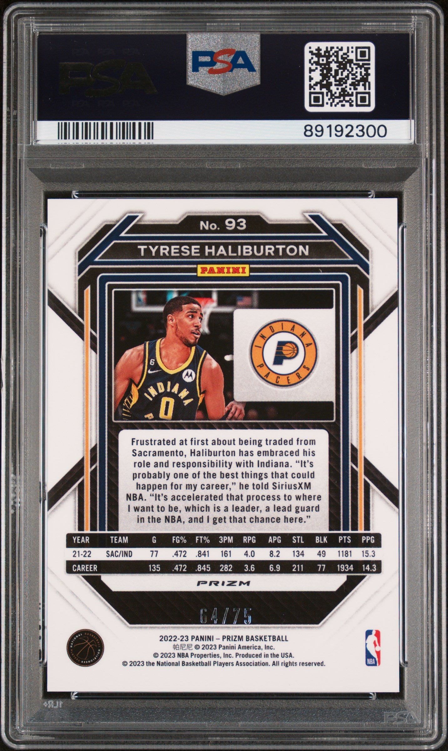 Tyrese Haliburton 2022 Panini Prizm Purple Fast Break /75 #93 PSA 9