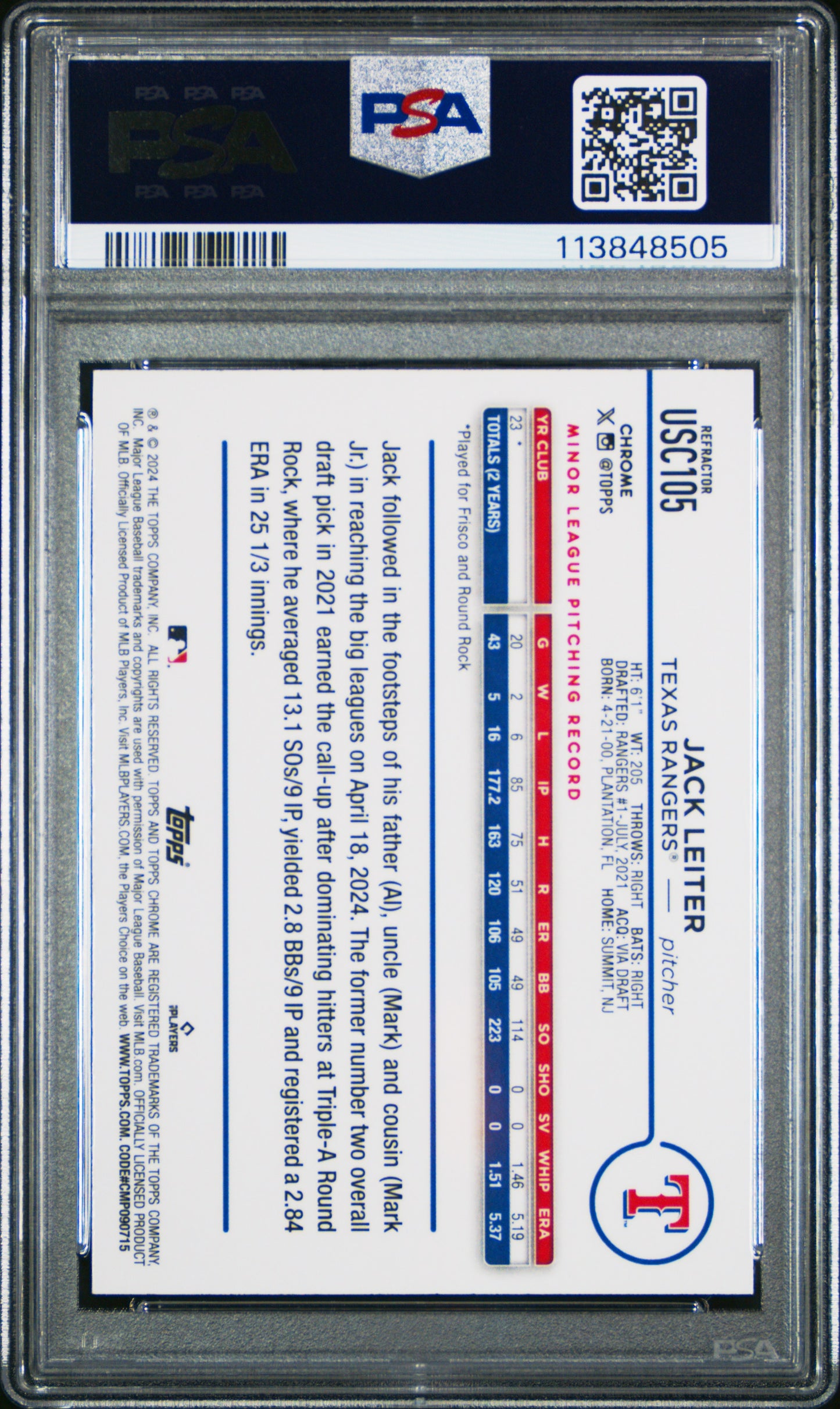 2024 Topps Chrome Update Jack Leiter Refractor RC #USC105 PSA 7