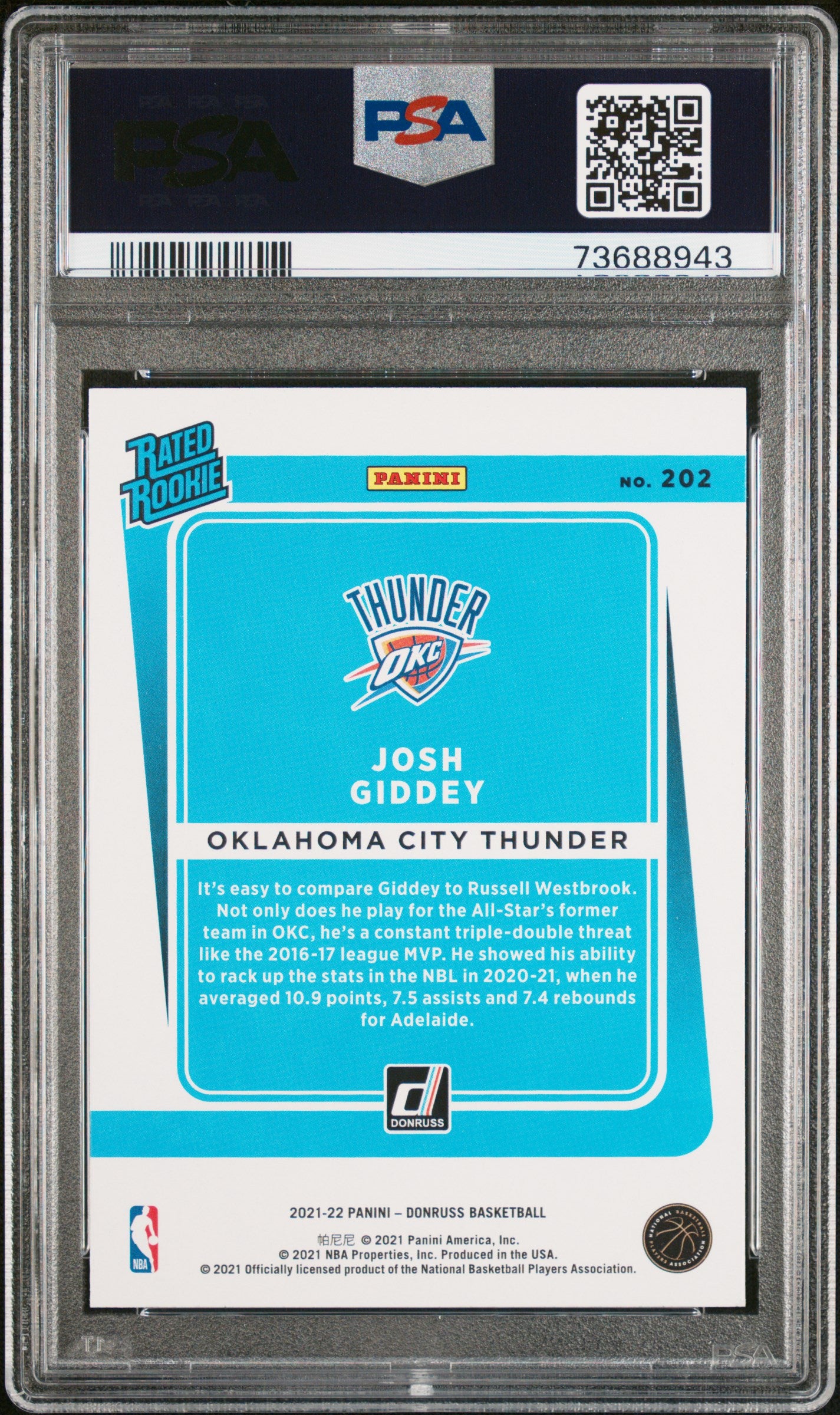 Josh Giddey 2021 Panini Donruss #202 PSA 10 RC