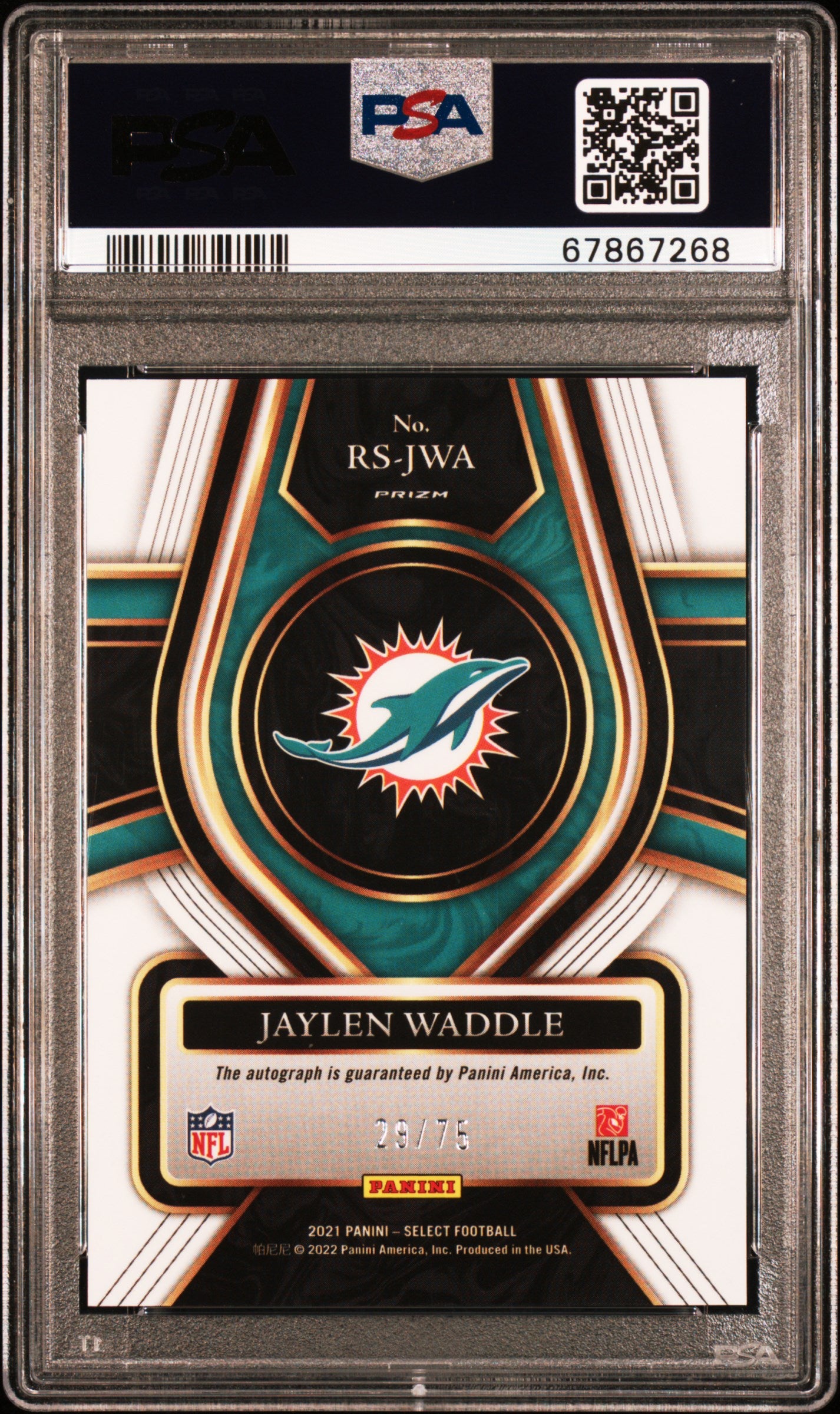 2021 Panini Select Jaylen Waddle Rookie Signature /75 #RSJWA PSA 10