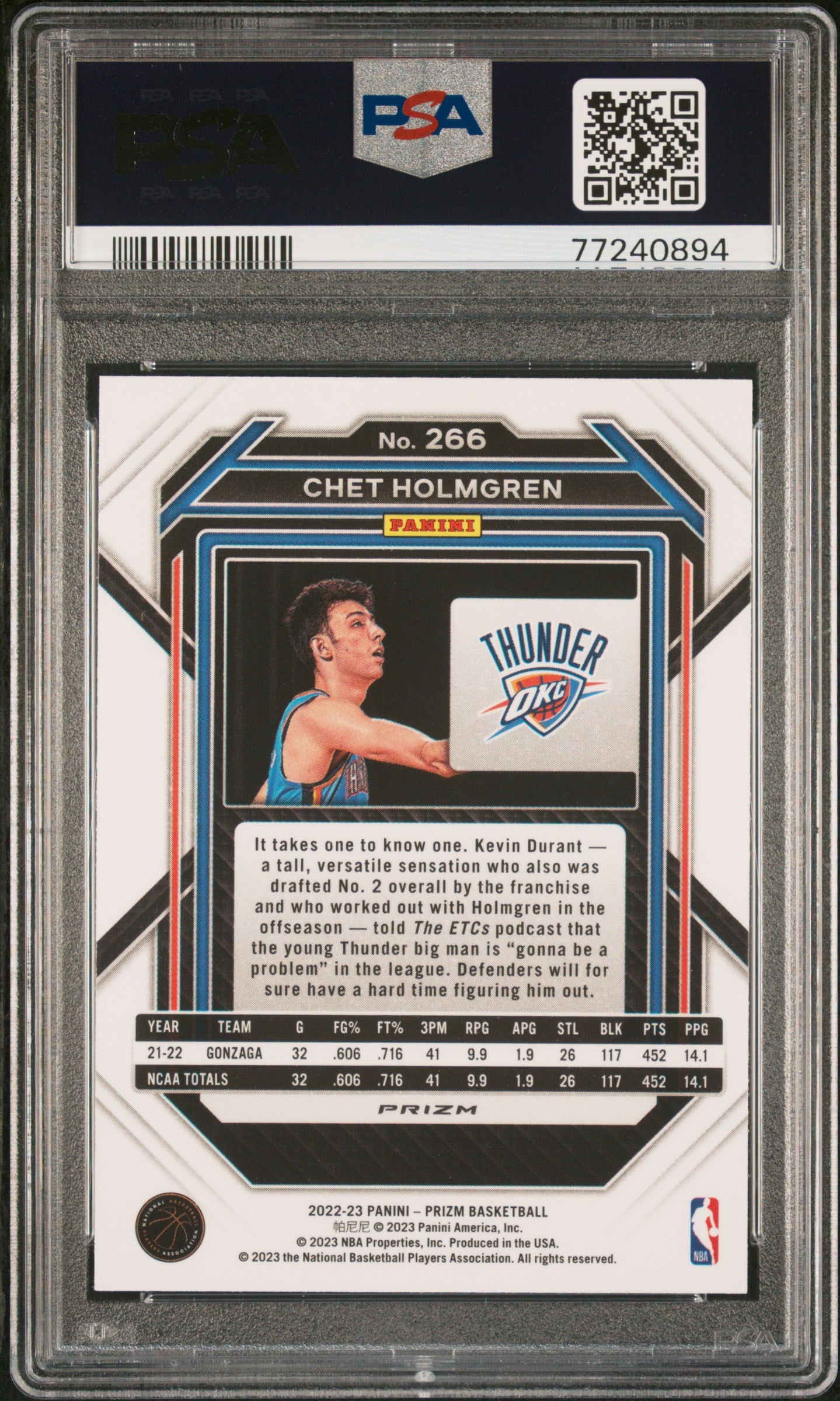 Chet Holmgren 2022 Panini Prizm Red Ice #266 PSA 9 RC