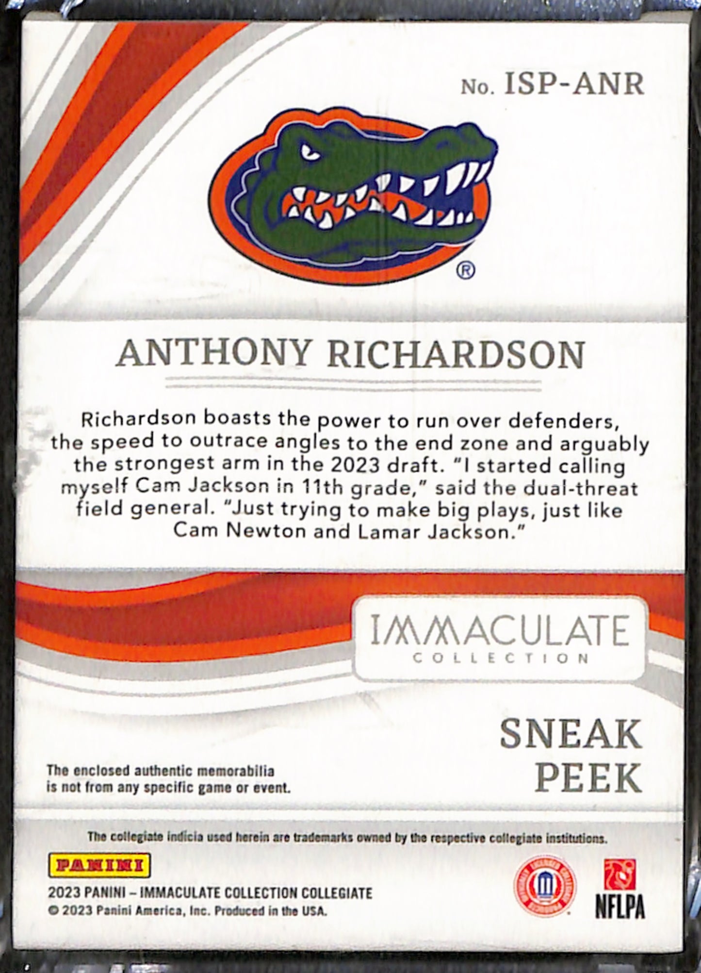 Anthony Richardson 2023 Panini Immaculate Collegiate Sneak Peek /22 #ISP-ANR