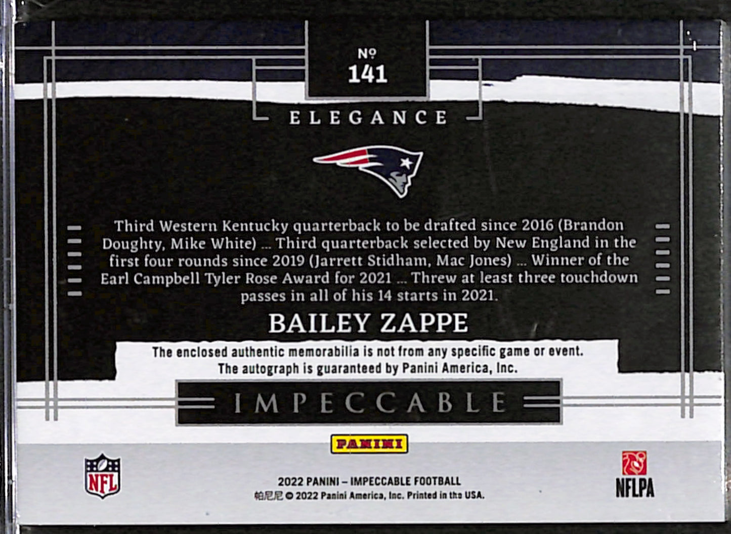 Bailey Zappe 2022 Panini Impeccable Elegance Helmet and Patch Auto /75 #141