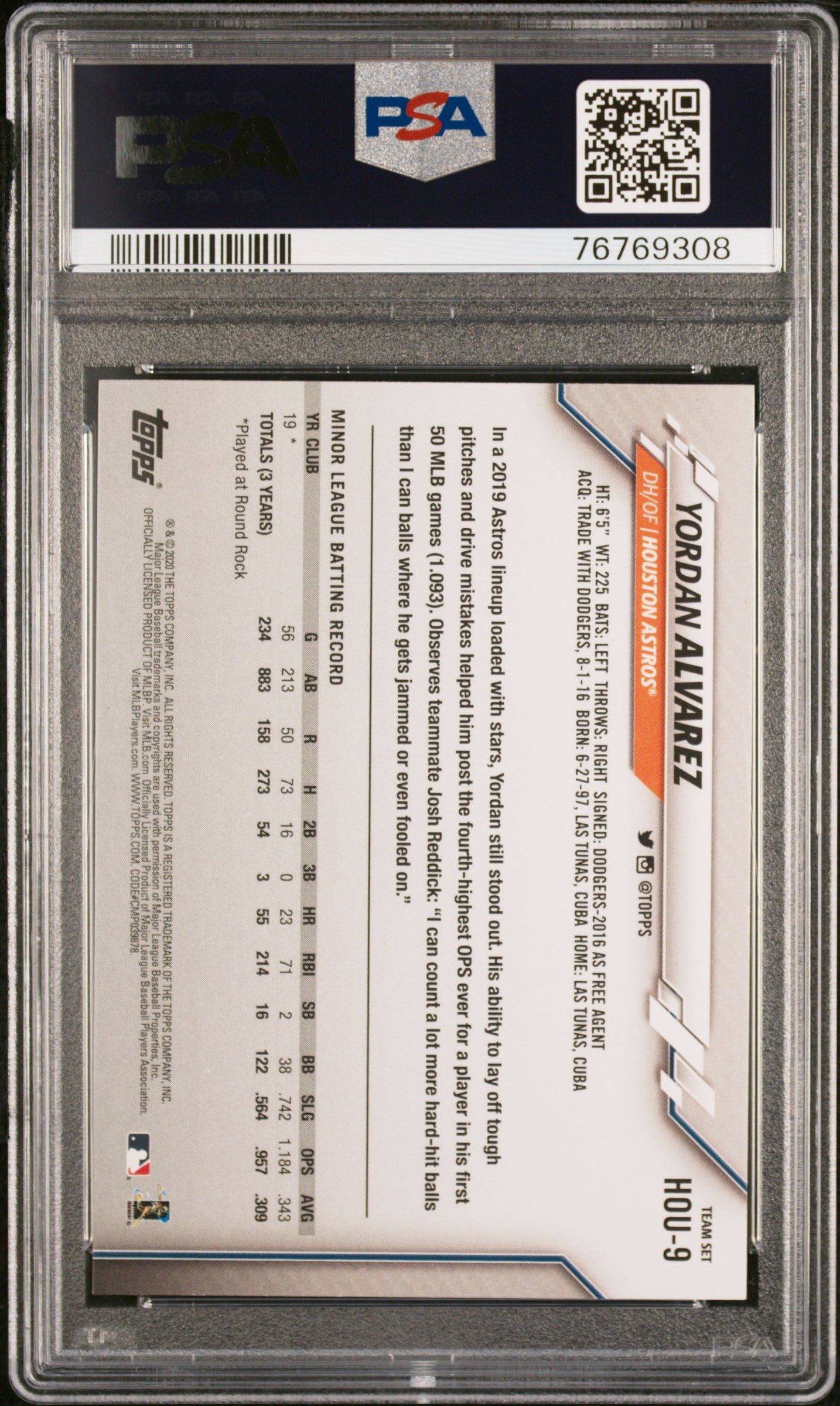 2020 Topps Team Set Yordan Alvarez Houston Astros #HOU9 PSA 10