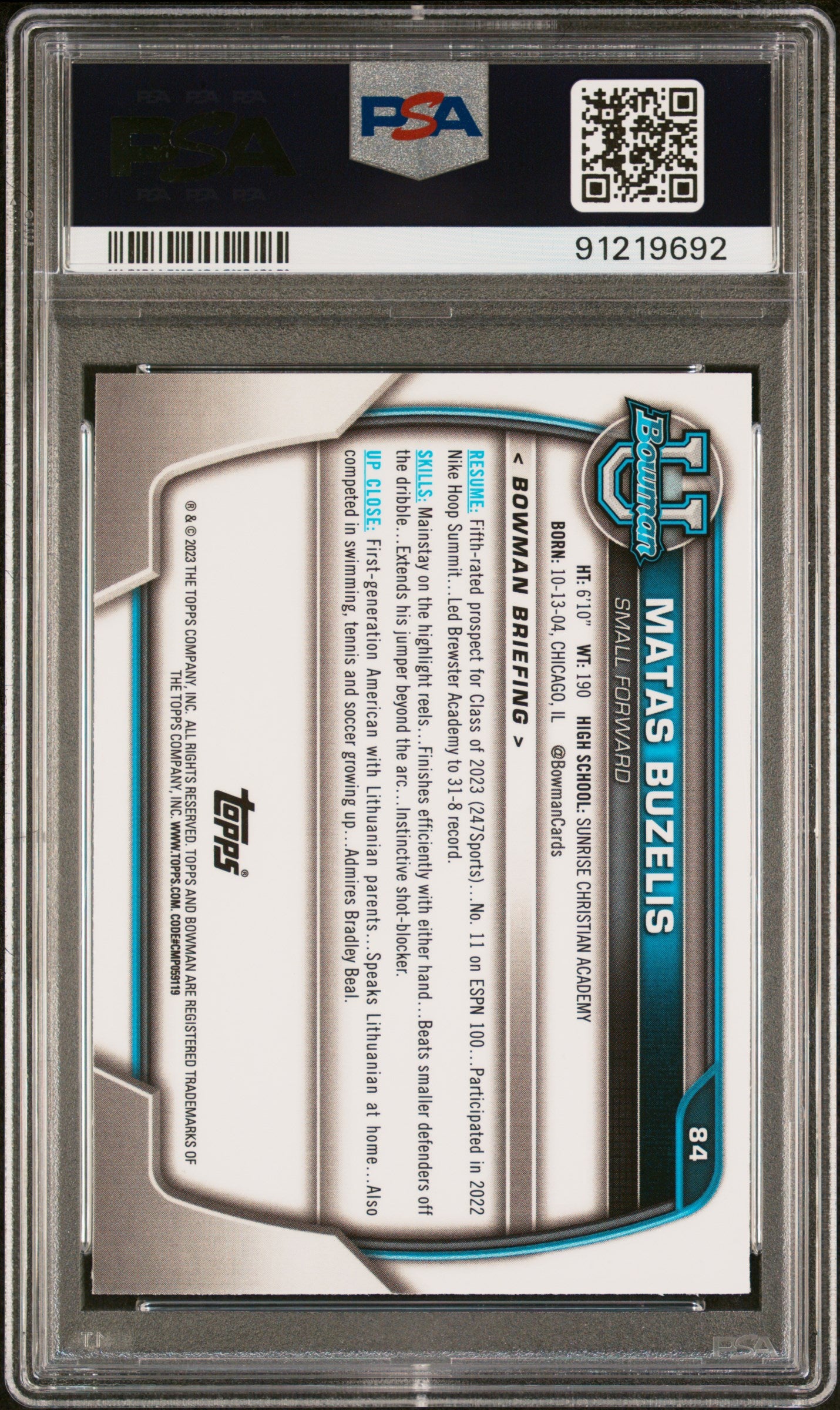 2022 Bowman Chrome University Matas Buzelis Shimmer Refractor #84 PSA 9