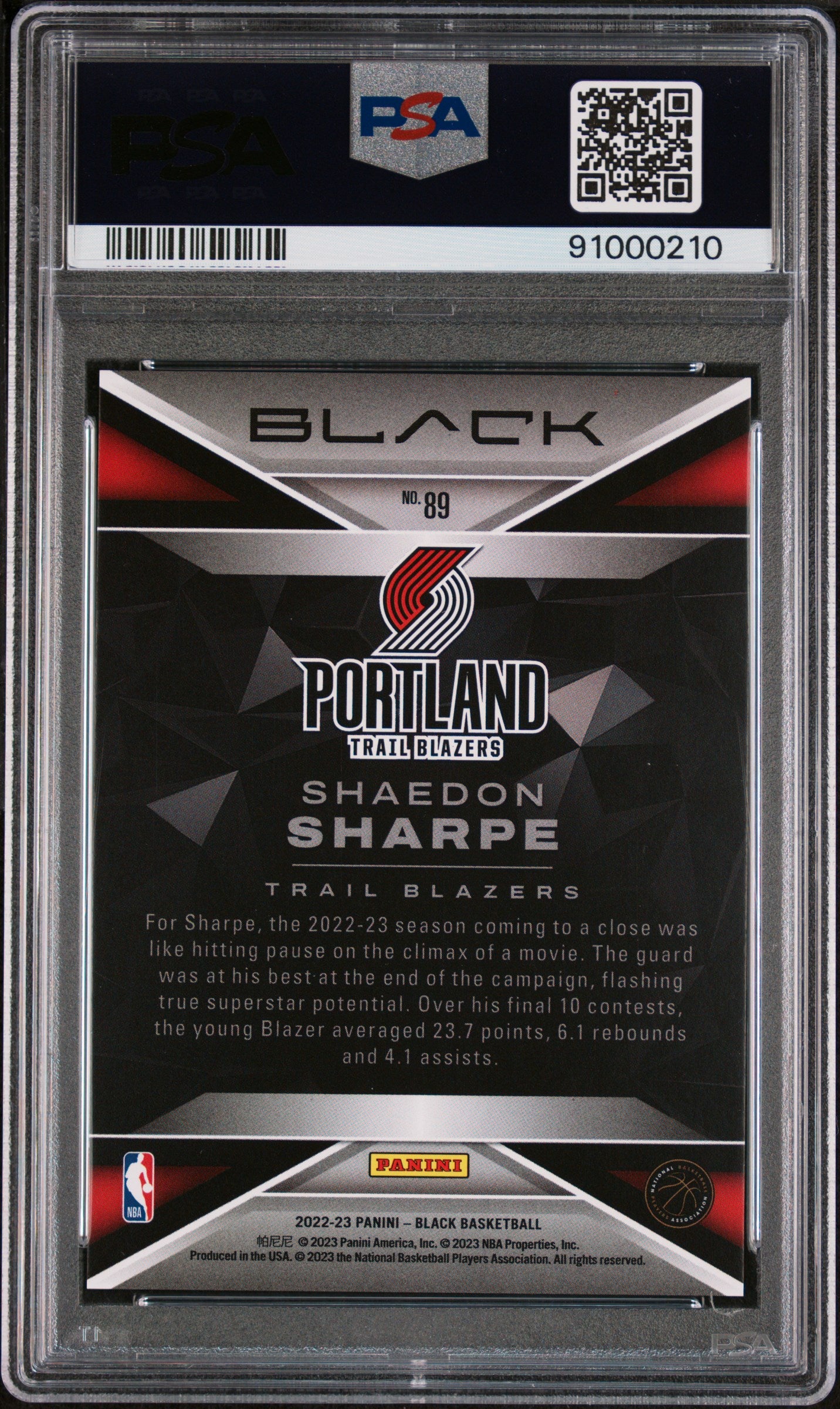 Shaedon Sharpe 2022 Panini Black Silver /75 #89 PSA 10 RC