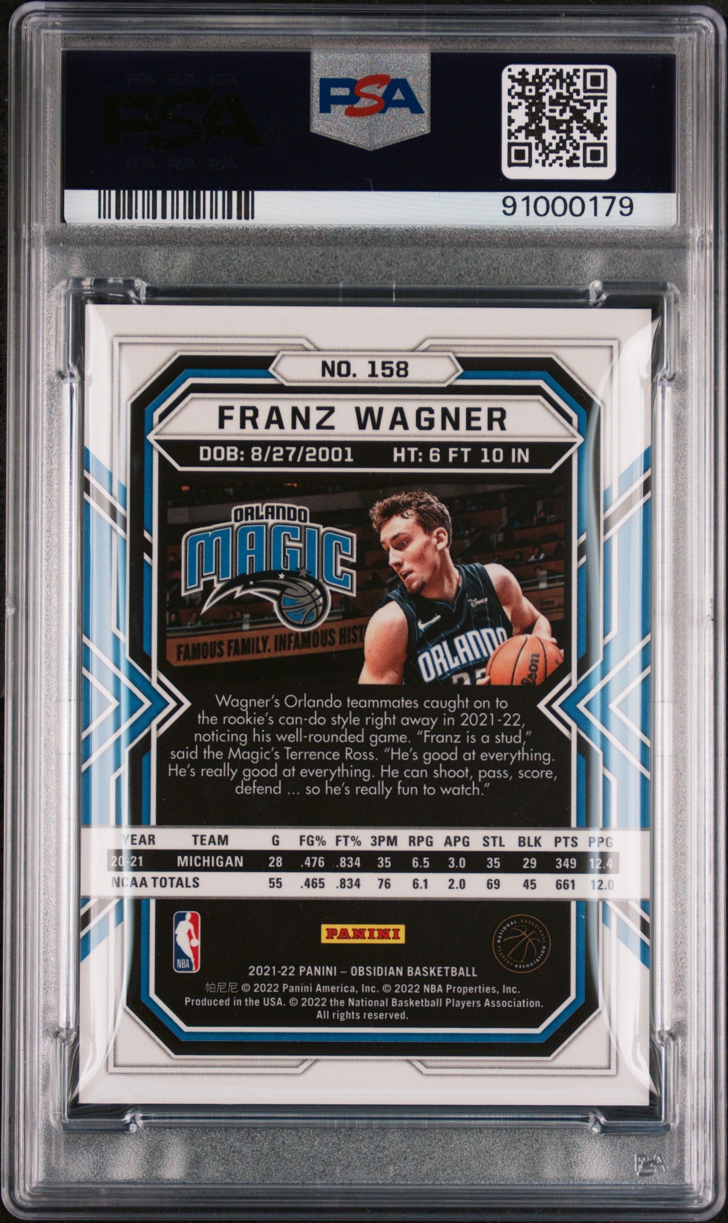 2021 Panini Obsidian Franz Wagner Electric Etch Red Flood #158 PSA 9