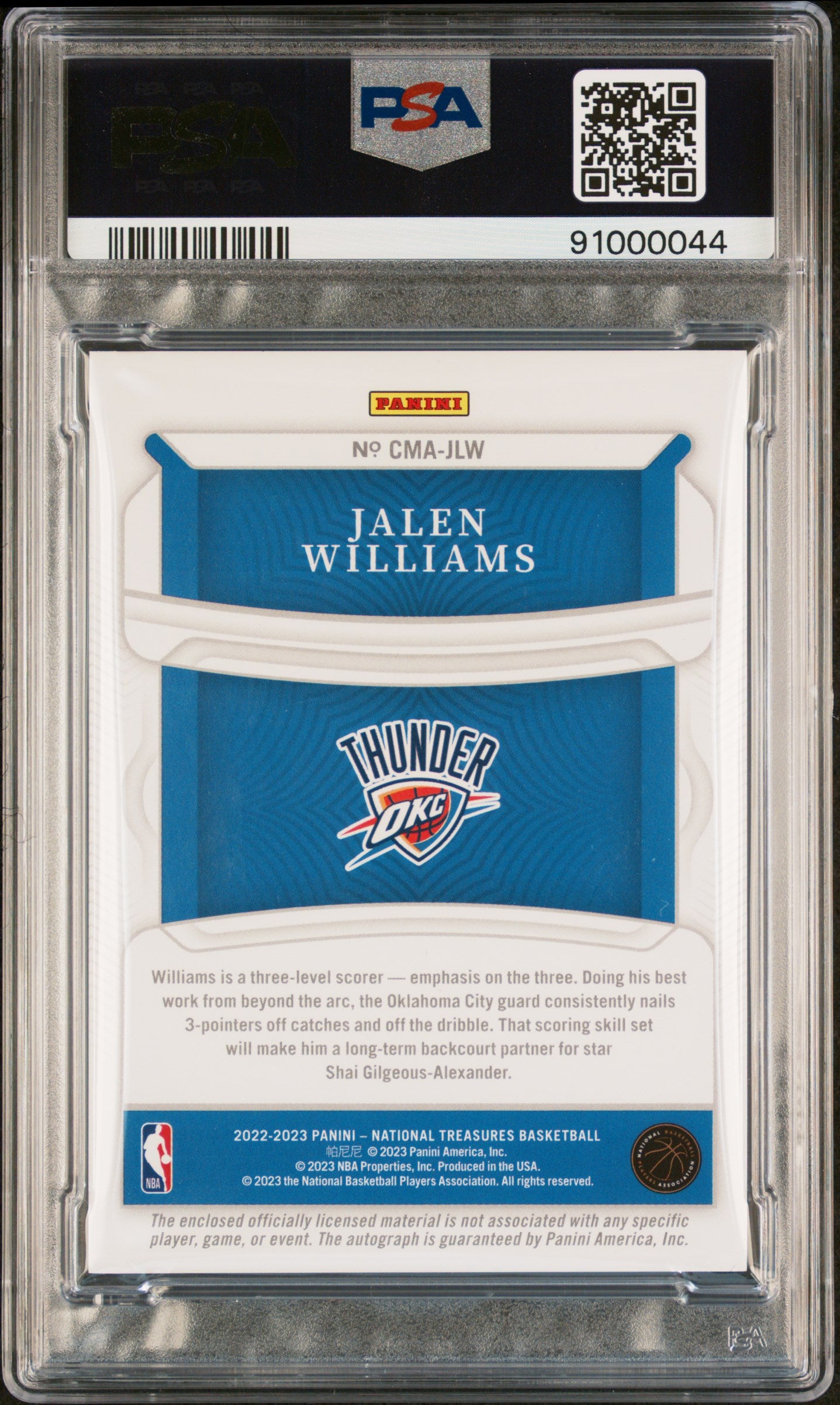 2022 National Treasures Jalen Williams Colossal Material Autos /49 #JLW PSA 9