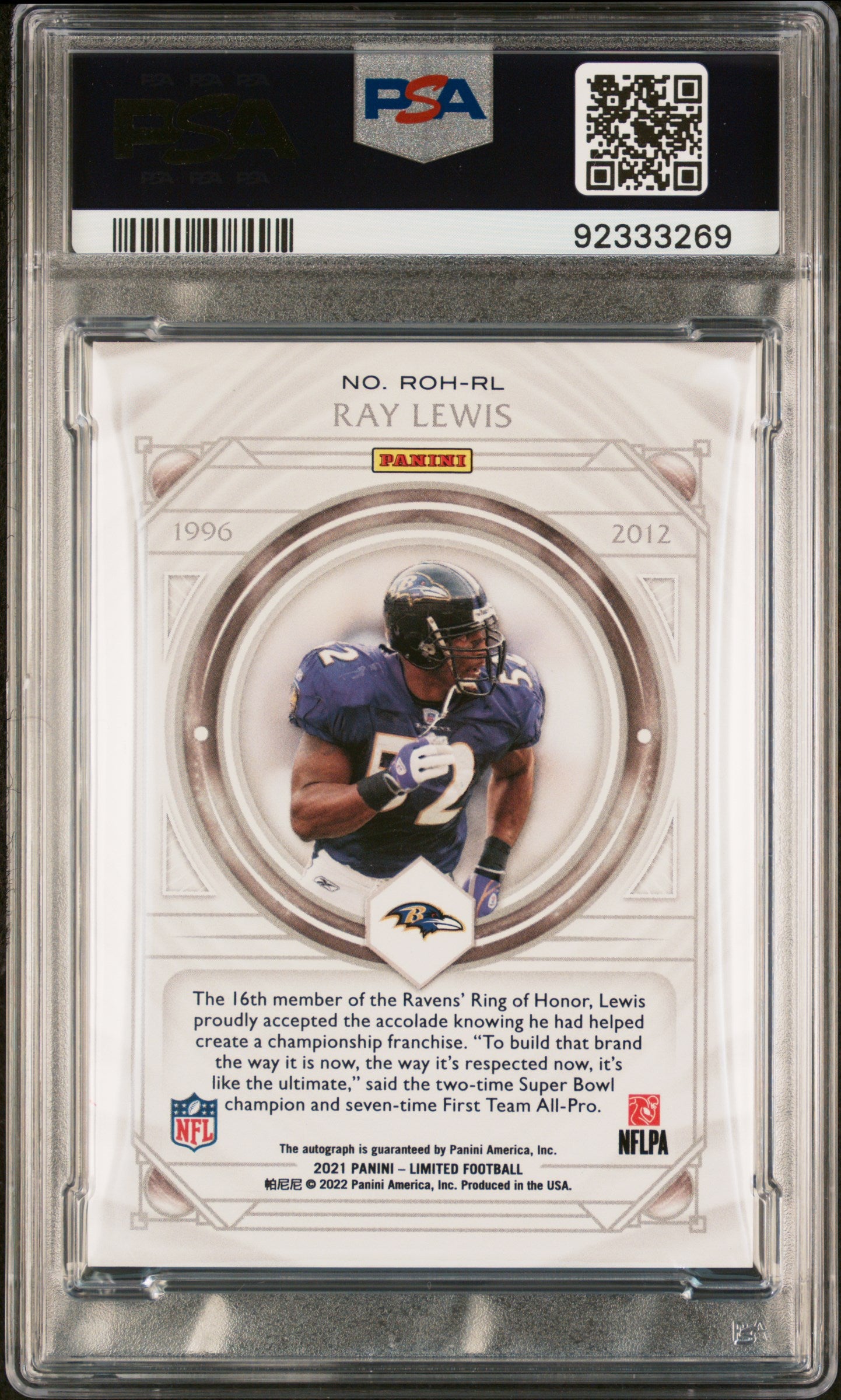 Ray Lewis 2021 Panini Limited Ring Of Honor Auto Silver Spotlight /25 PSA 9