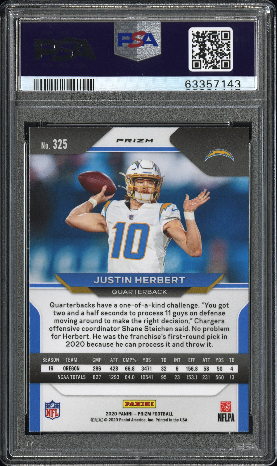 2020 Panini Prizm Justin Herbert Green Prizm #325 PSA 9