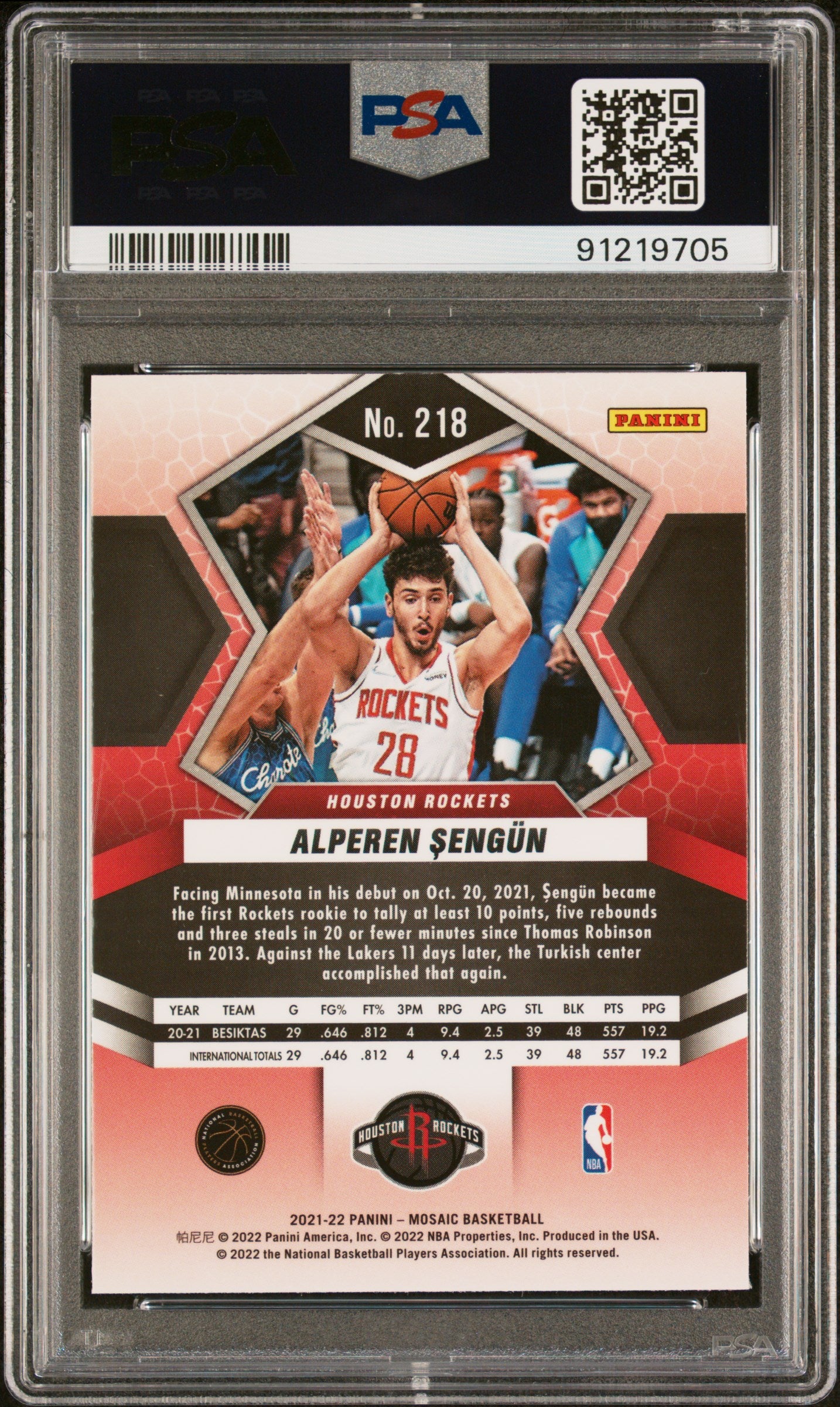 Alperen Sengun 2021 Panini Mosaic #218 PSA 10 RC