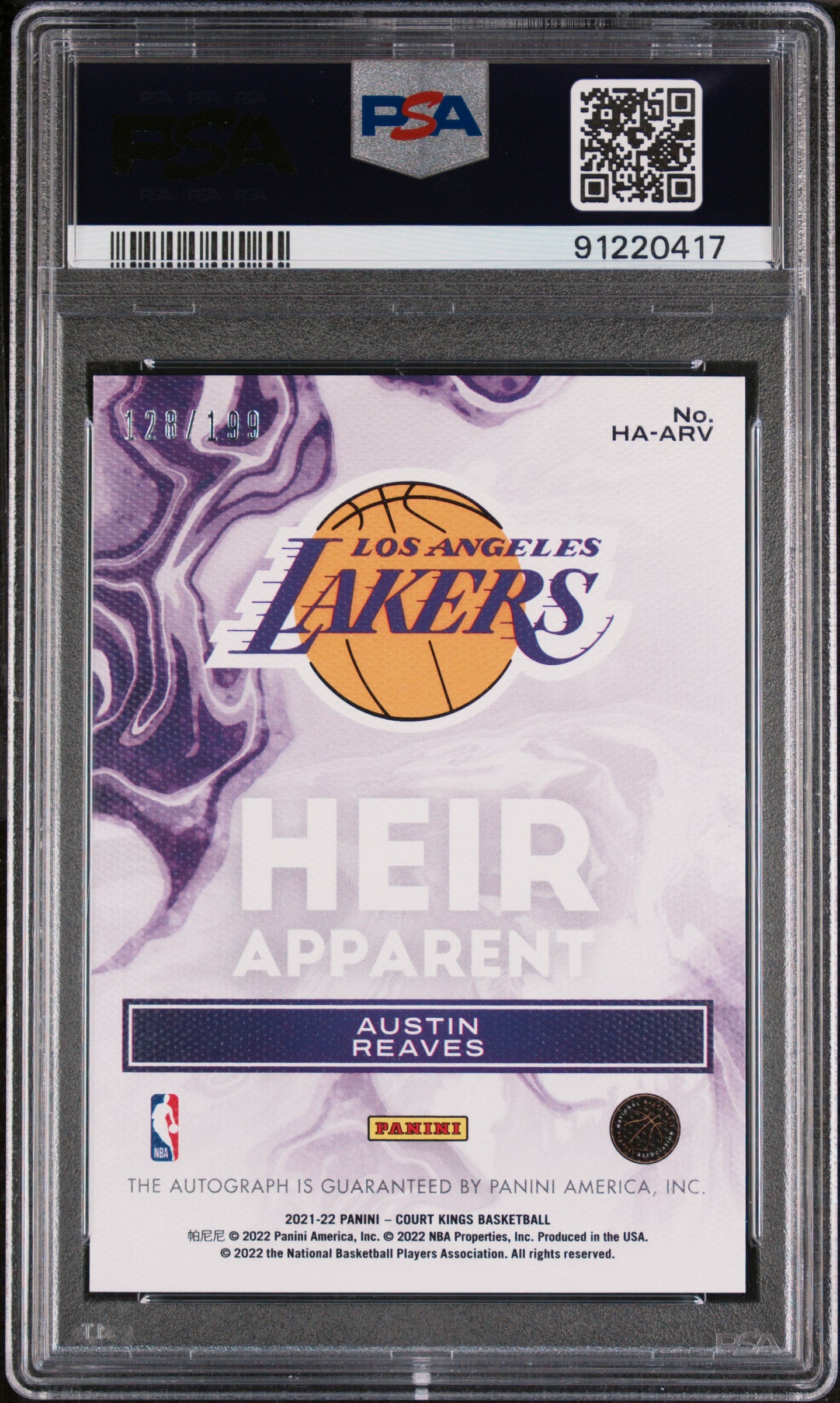 Austin Reaves 2021 Panini Court Kings Heir Apparent Autograph #HA-ARV PSA 9 RC