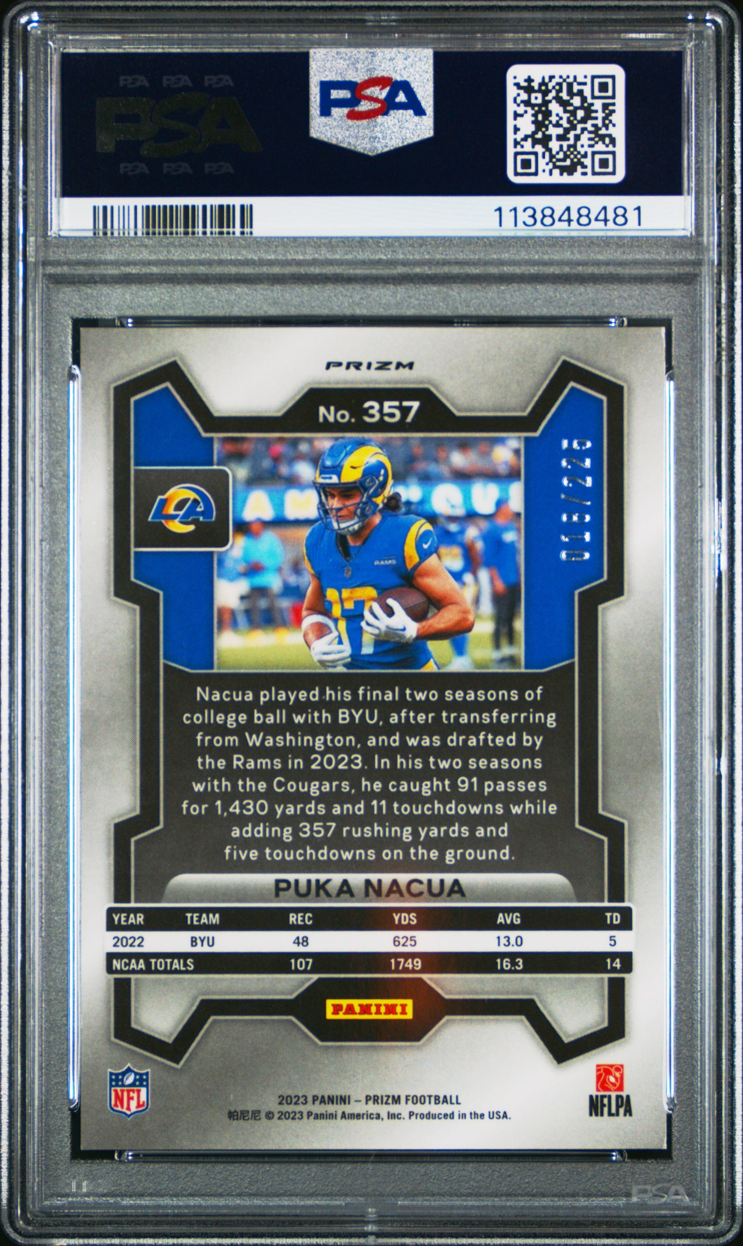 2023 Panini Prizm Puka Nacua Purple Ice 018/225 RC #357 PSA 8
