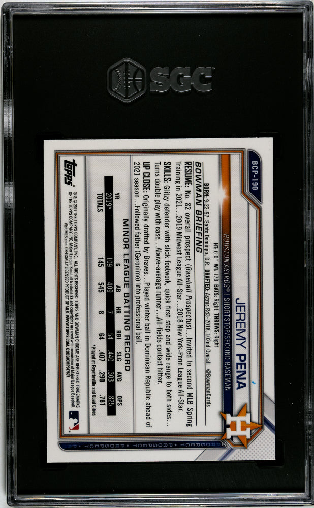 2021 Bowman Chrome Prospects Jeremy Pena #BCP-190 SGC 9.5