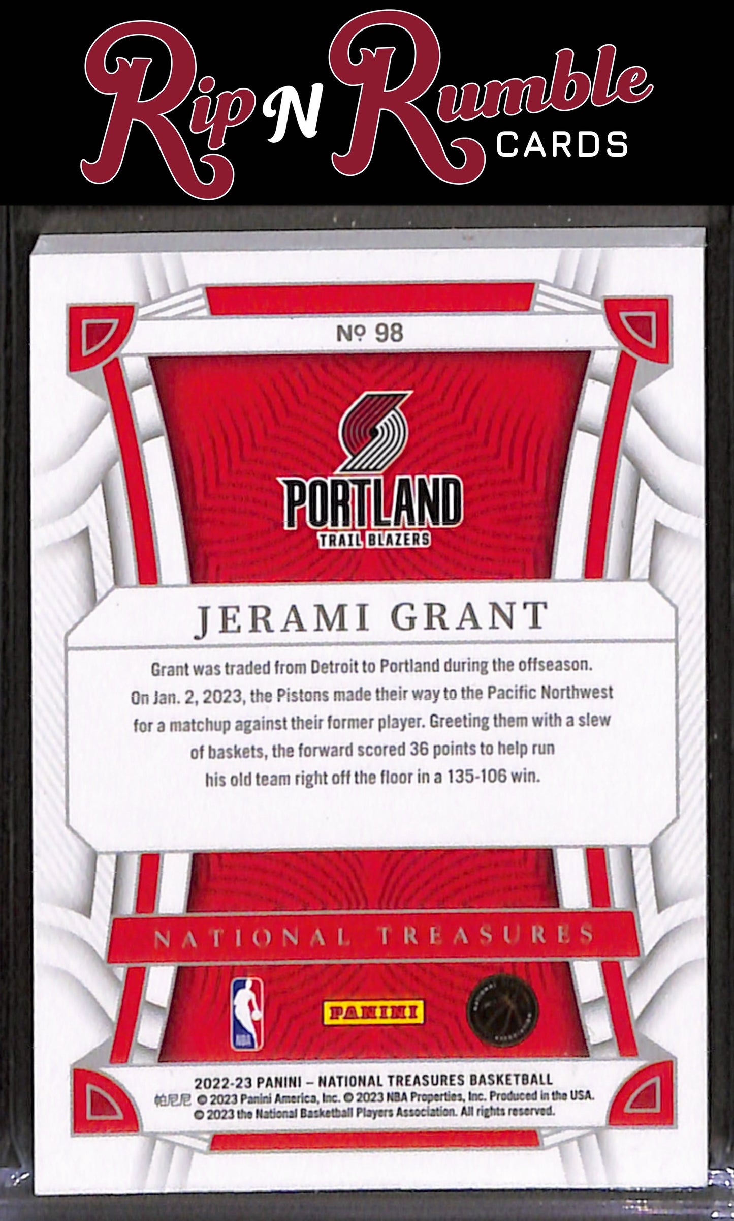 2022-23 National Treasures Jerami Grant Red /75 #98