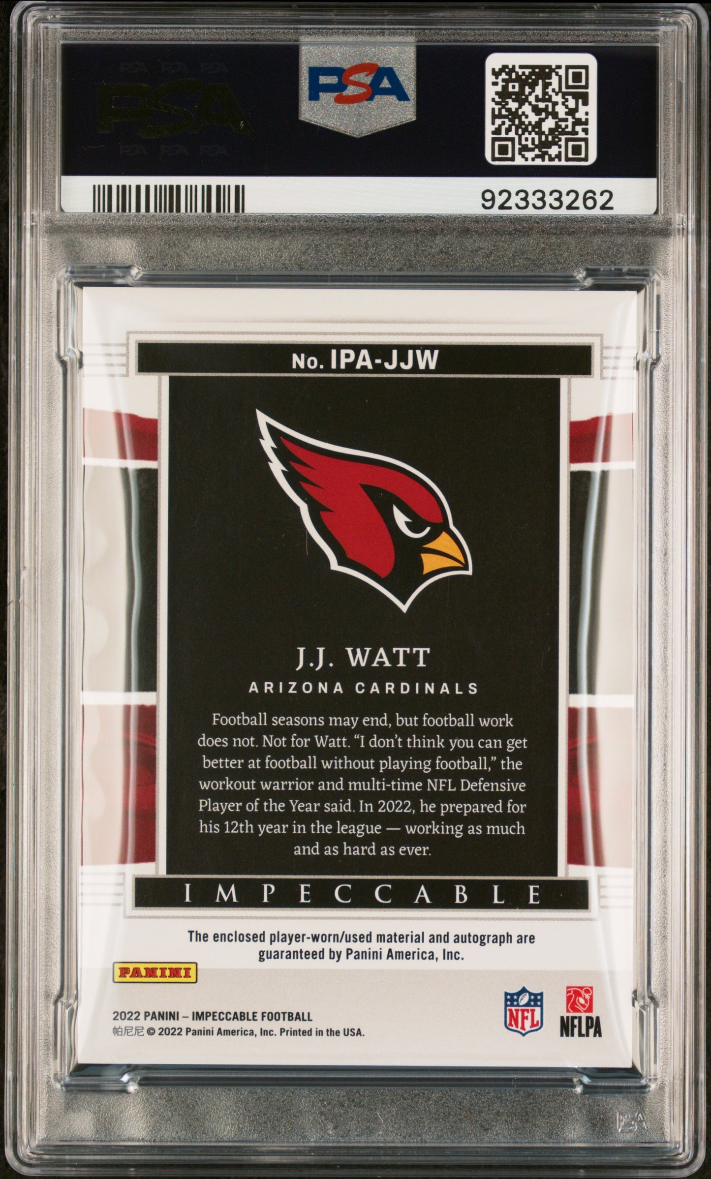 2022 Panini Impeccable J. J. Watt Immense Patch Auto /25 #IPAJJW PSA 8/10