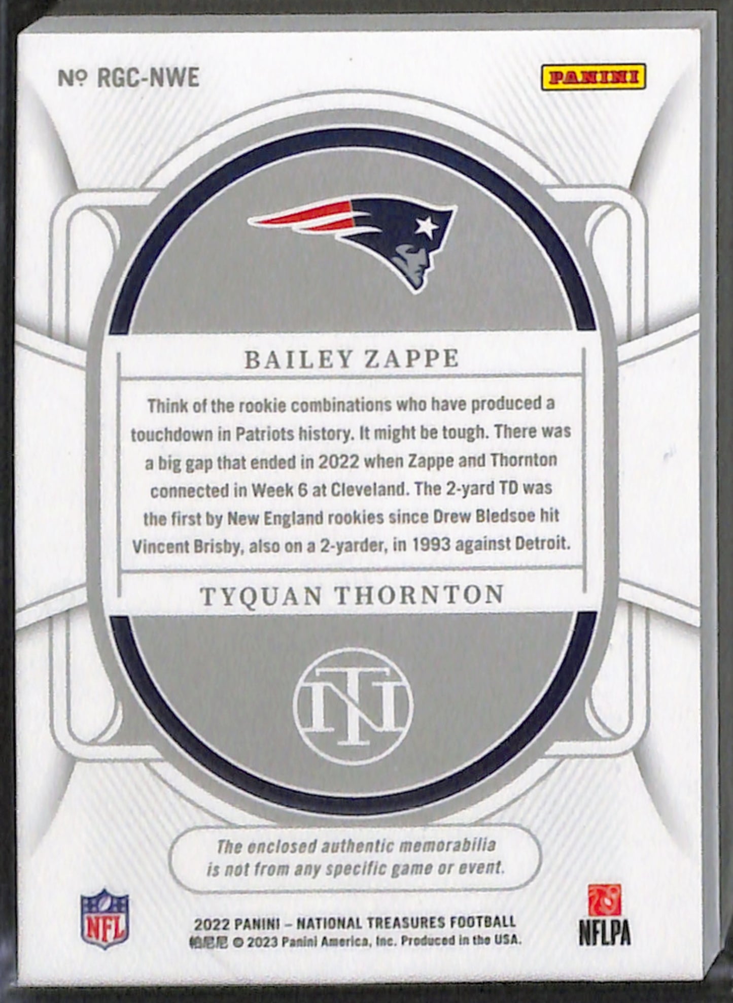 Zappe Thornton 2022 NT Rookie NFL Gear Combo Material Holo Gold /10 #RGC-NWE