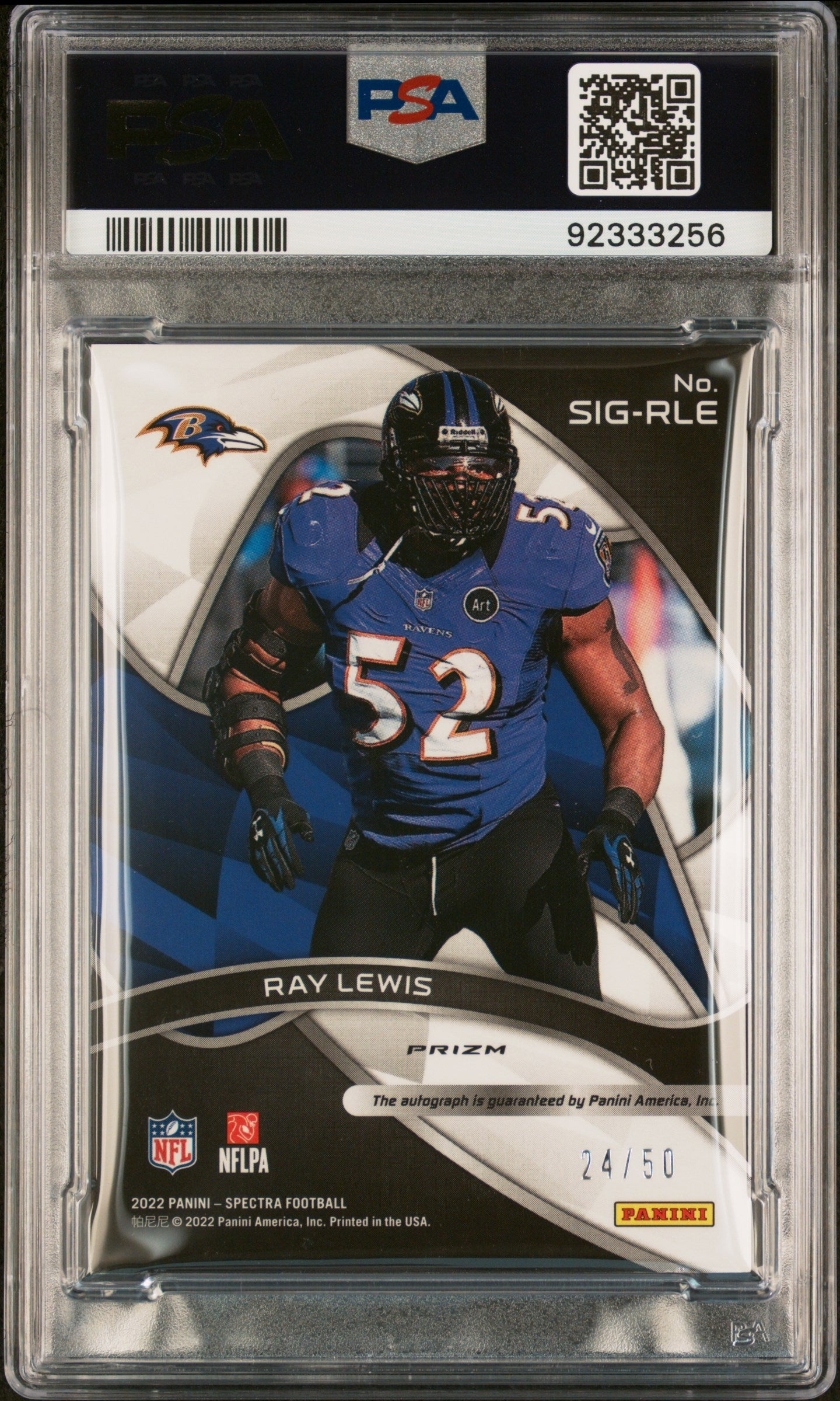 Ray Lewis 2022 Panini Spectra Signatures /50 #SIG-RLE PSA 9