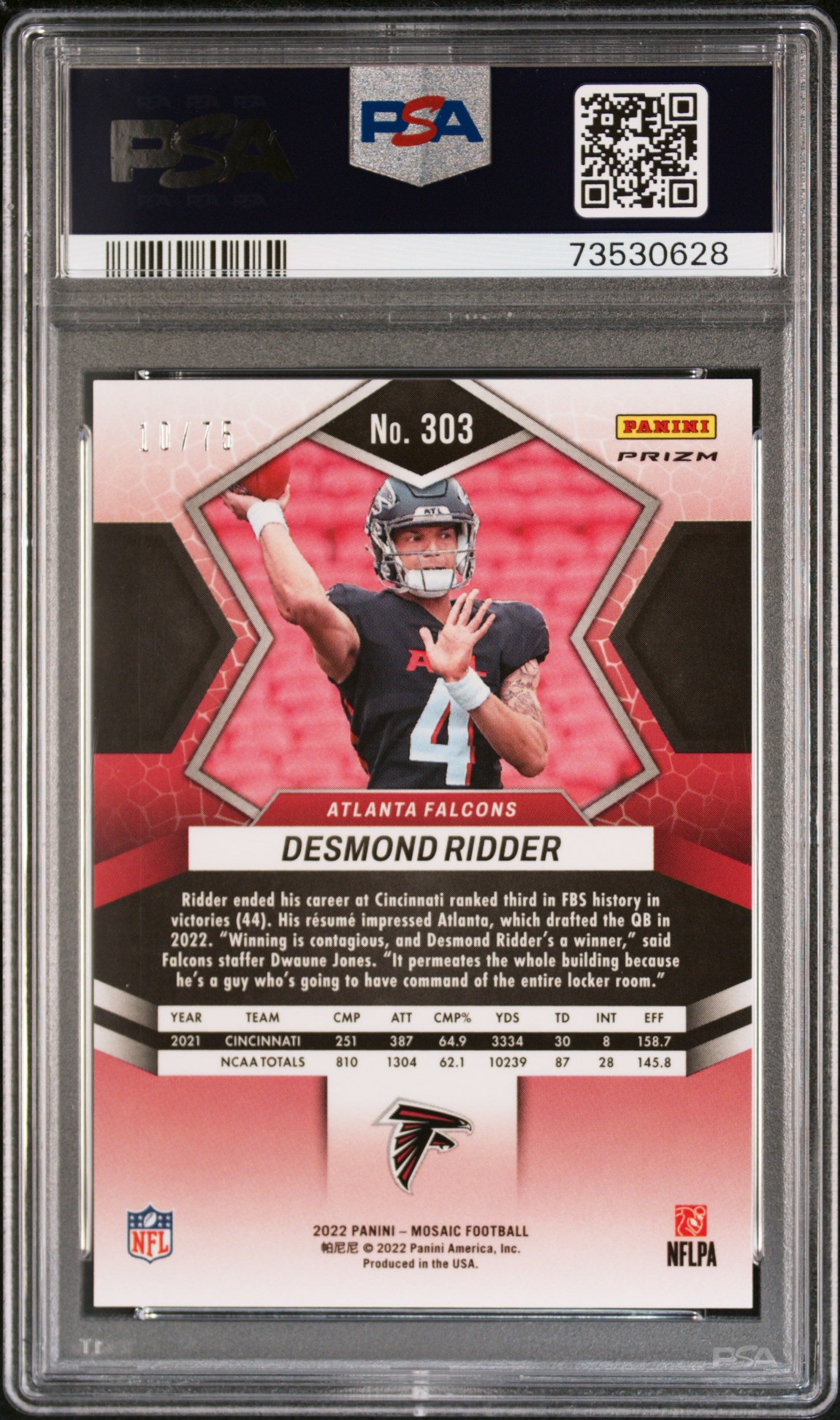 2022 Panini Mosaic Desmond Ridder No Huddle Blue /75 #303 PSA 10