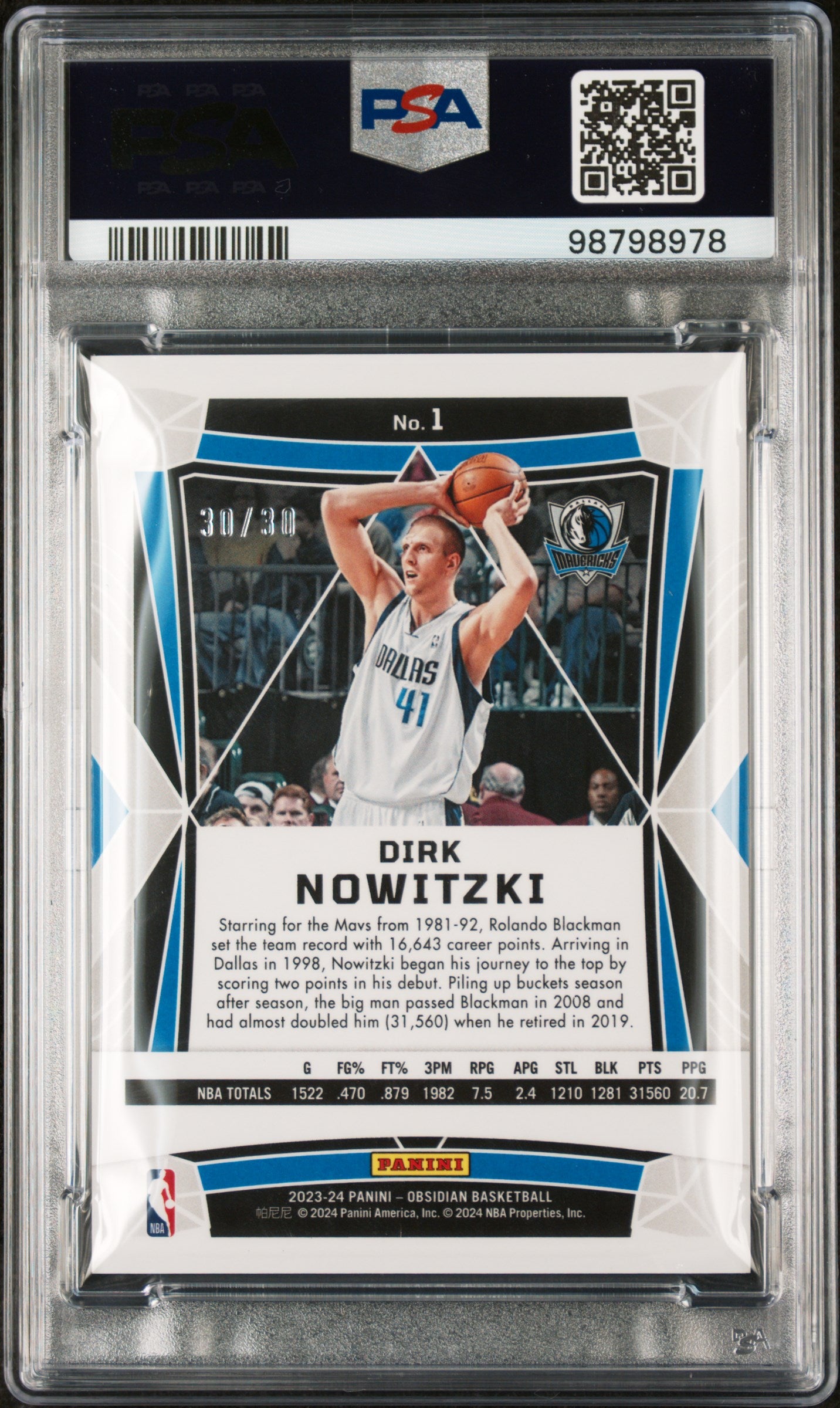 2023 Panini Obsidian Dirk Nowitzki Electric Etch Blue /30 #1 PSA 8