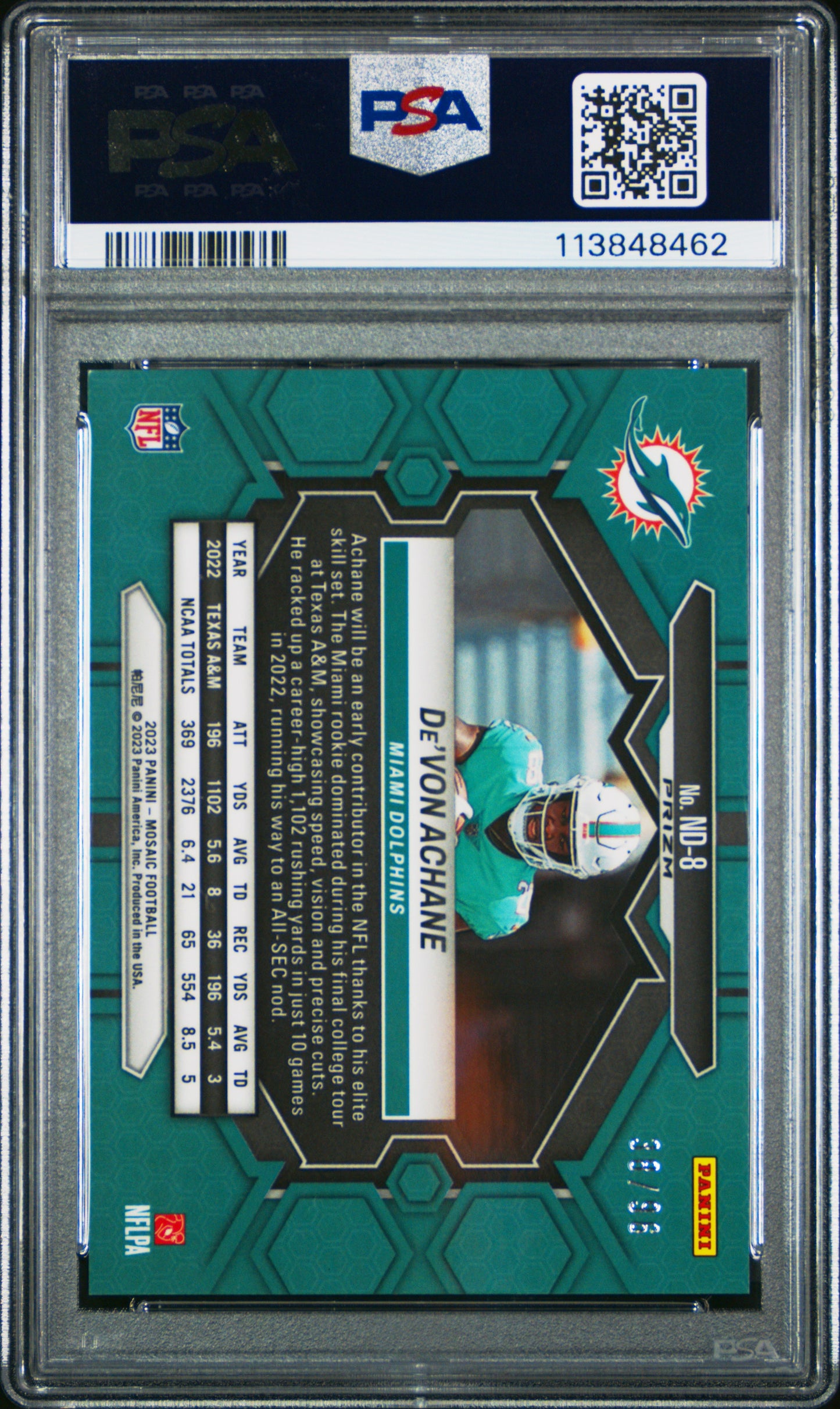 2023 Panini Mosaic De'von Achane NFL Debut Blue Sparkle 38/96 RC #ND8 PSA 9