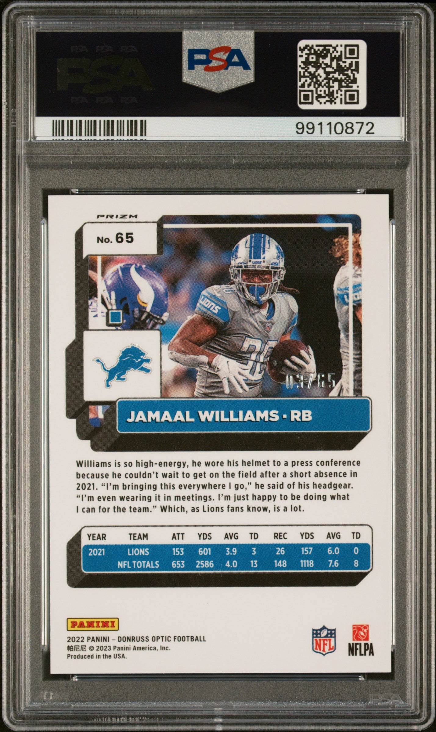 2022 Panini Donruss Optic Jamaal Williams Electricity /65 #65 PSA 9