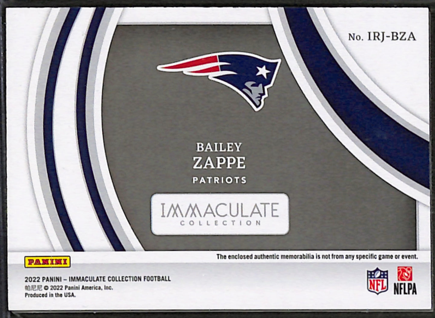 Bailey Zappe 2022 Panini Immaculate Clearly Rookie Jerseys /99 #IRJ-BZA