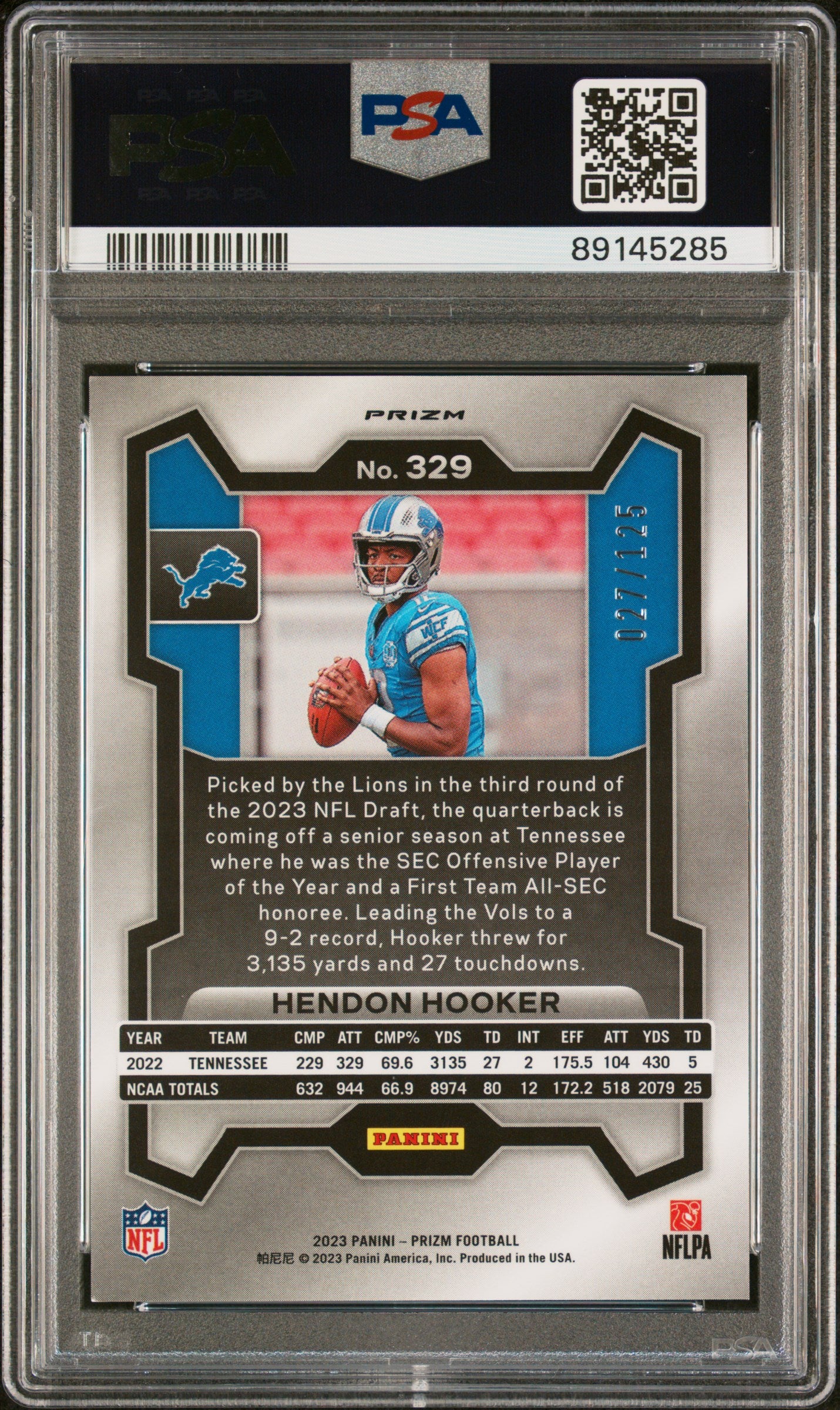 2023 Panini Prizm Hendon Hooker Purple /125 #329 PSA 9