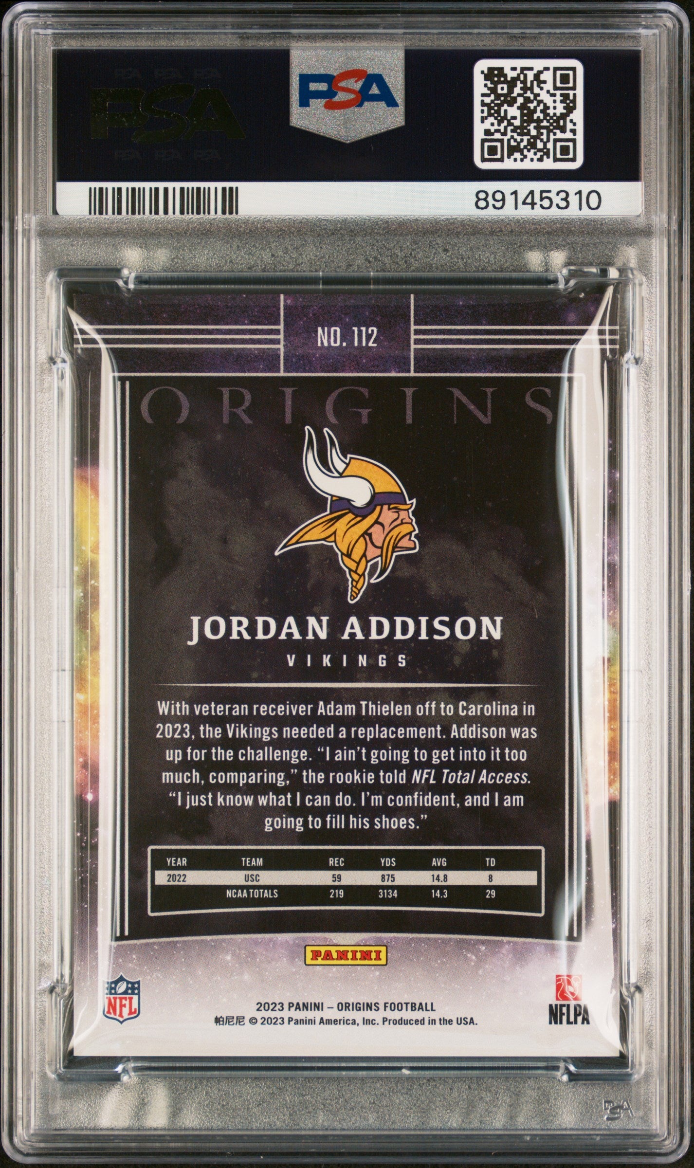 2023 Panini Origins Jordan Addison Holo Silver /75 #112 PSA 8