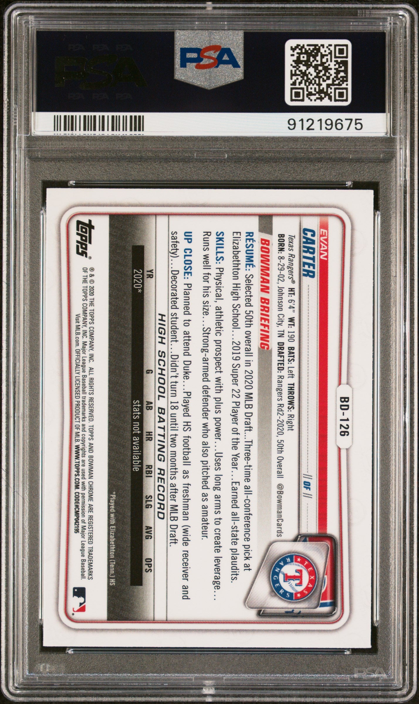 2020 Bowman Draft Evan Carter Chrome #BD126 PSA 9