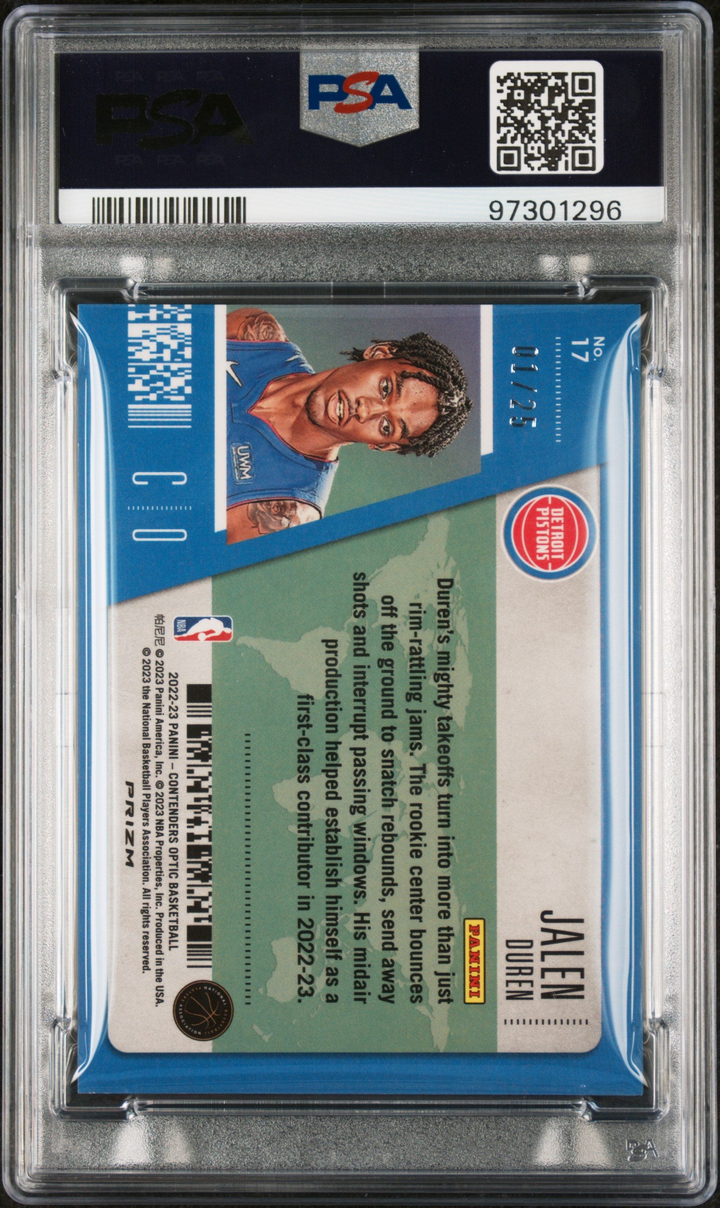 Jalen Duren 2022 Contenders Optic First Class Ticket Green Pulsar /25 PSA 9 RC