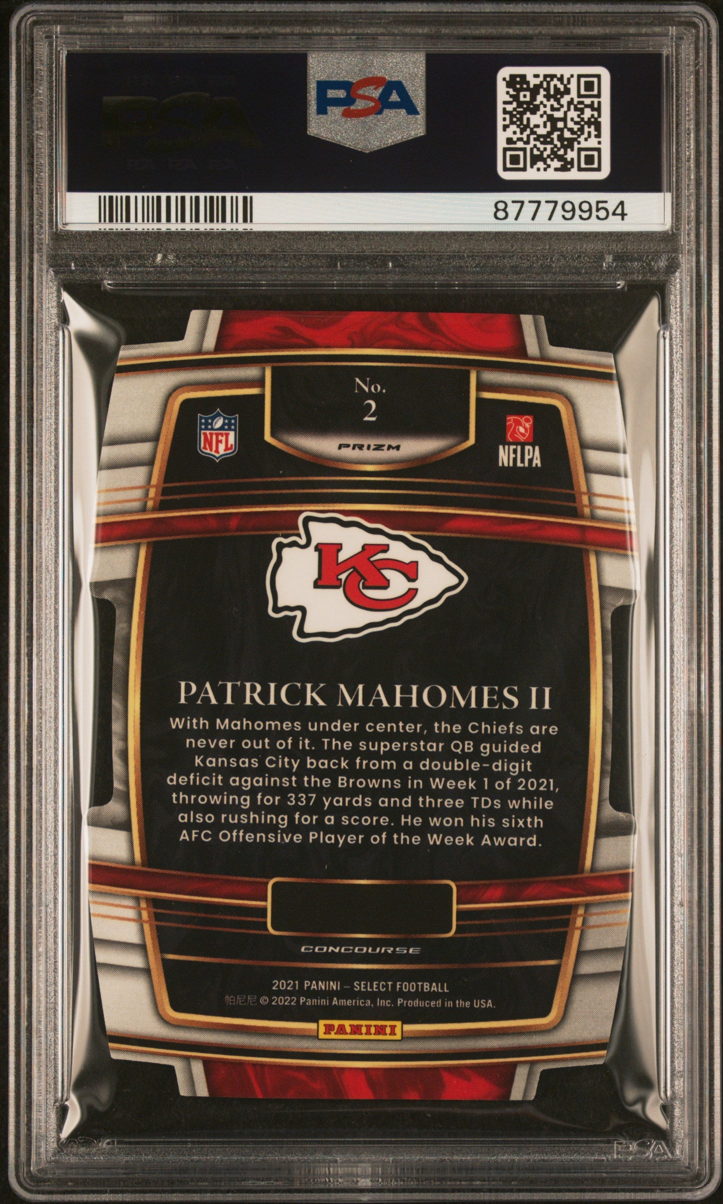 2021 Panini Select Patrick Mahomes II Die-Cut Red Blue Prizm #2 PSA 8