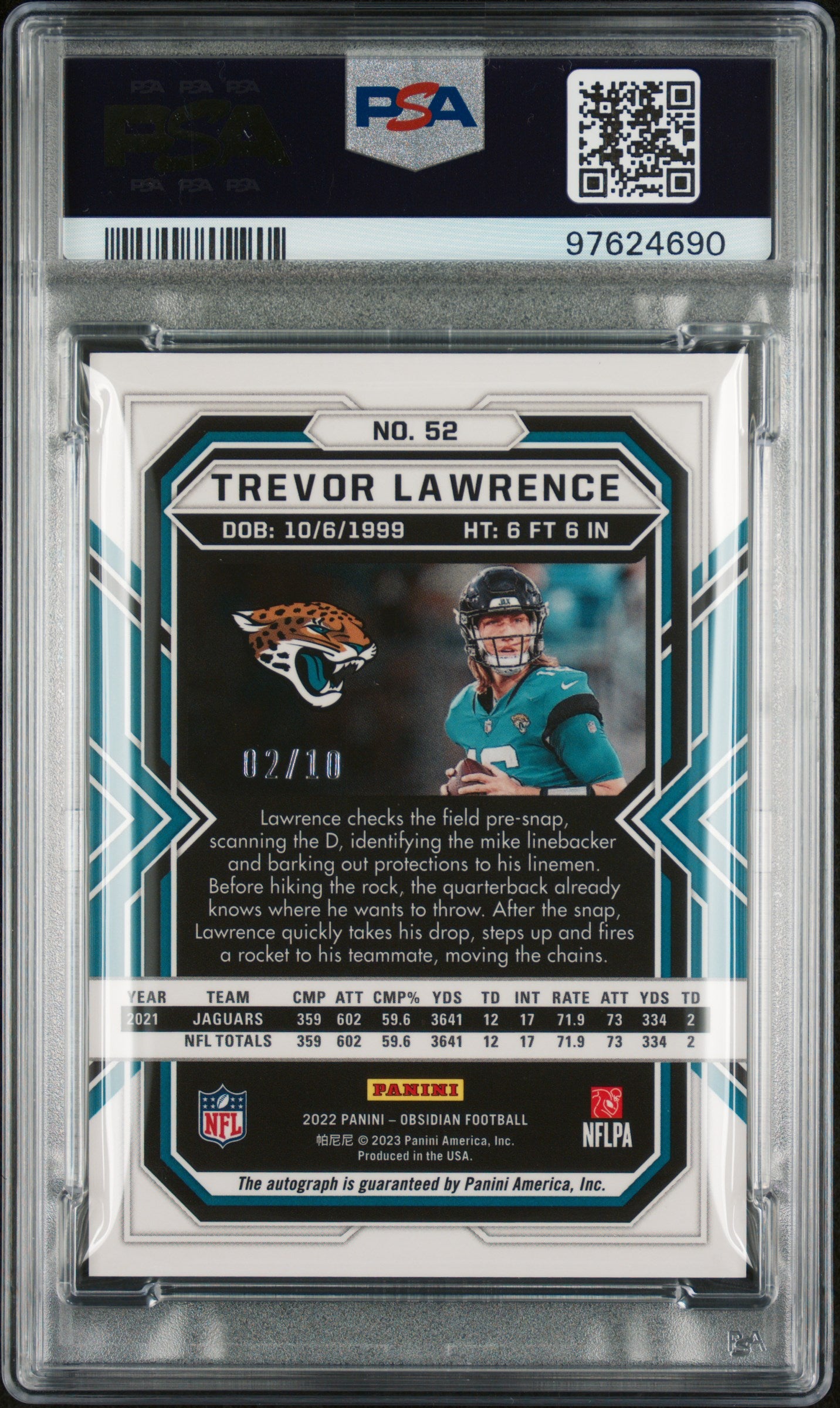 2022 Panini Obsidian Trevor Lawrence Autograph /10 #52 PSA 8