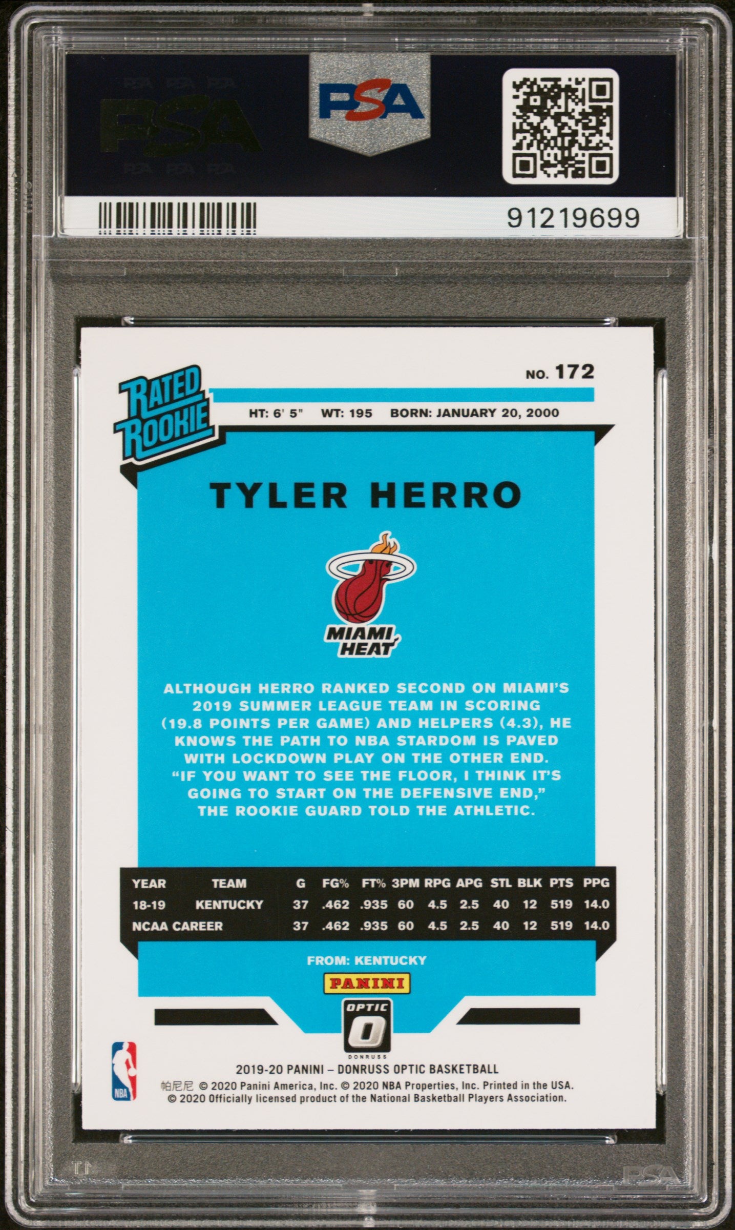 Tyler Herro 2019 Panini Donruss Optic #172 PSA 8 RC