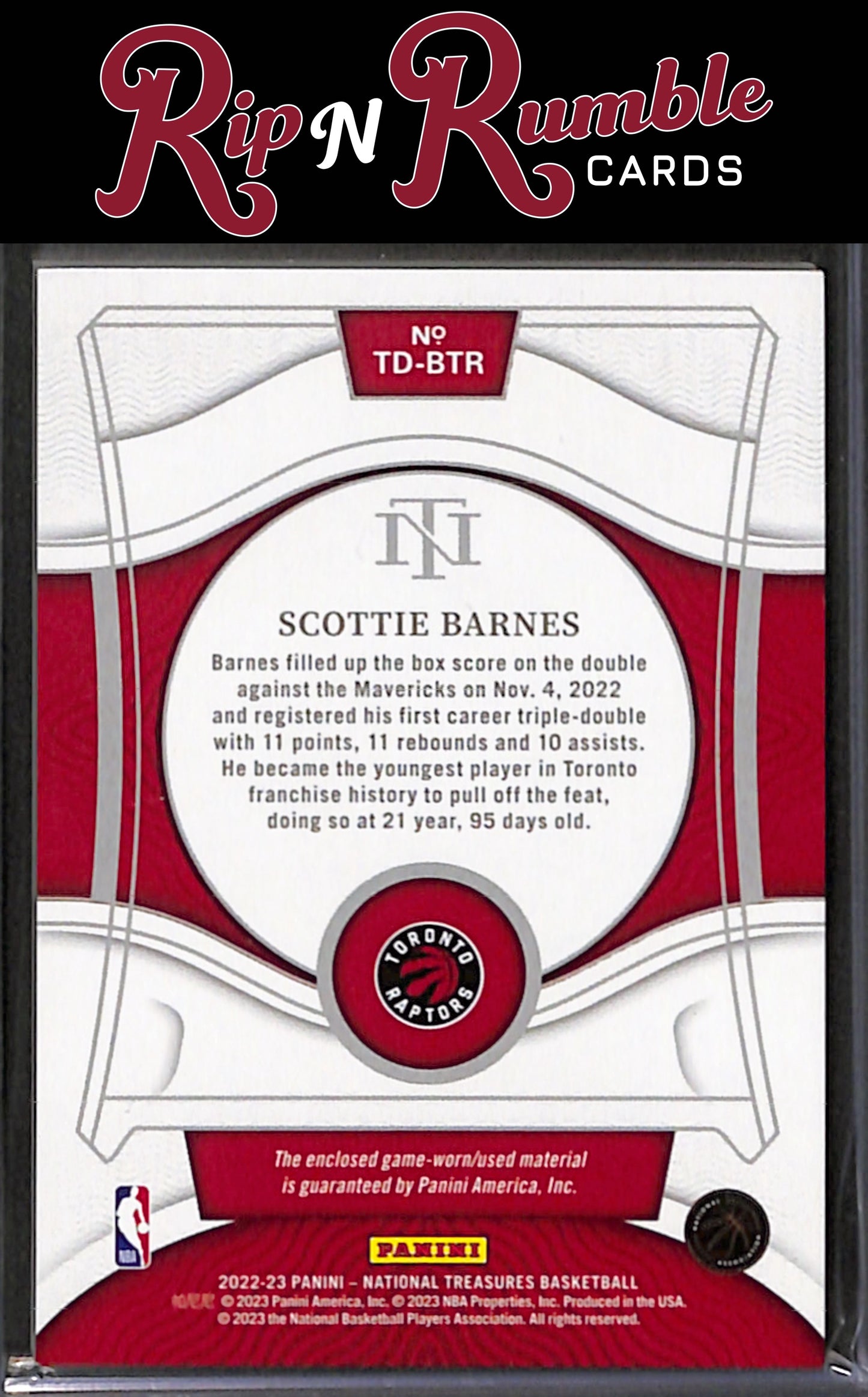 2022-23 National Treasures Scottie Barnes Treasured Threads /99 #TD-BTR