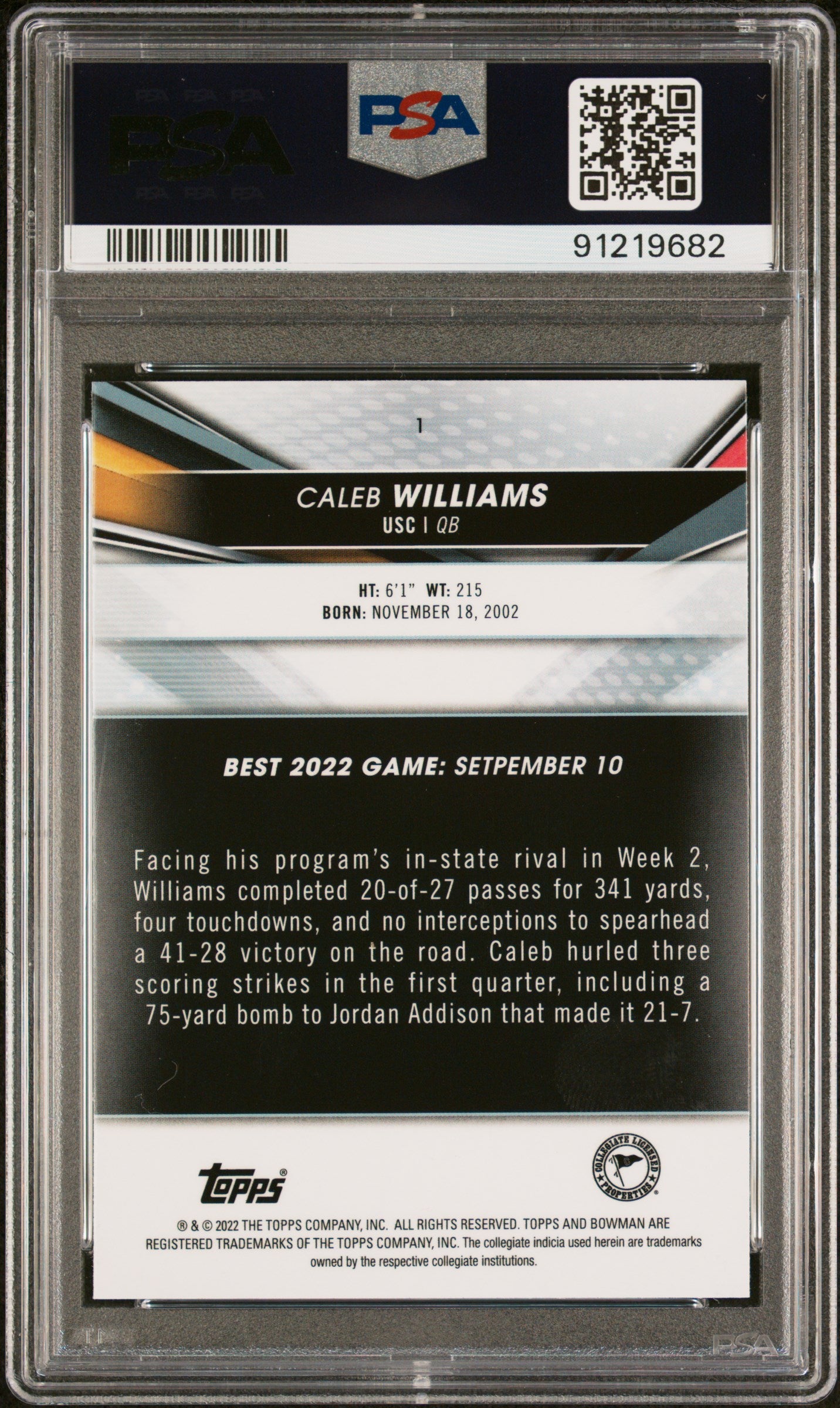 2022 Bowman's Best University Caleb Williams #1 PSA 10